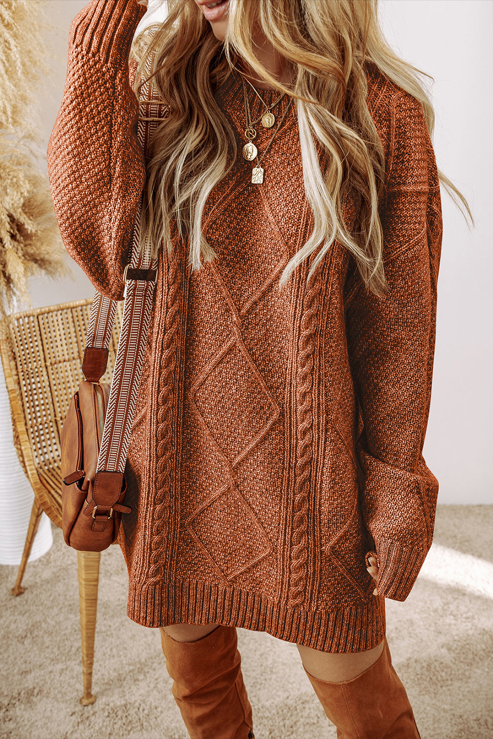 Women’s Parchment Cable Knit Sweater Dress with Drop Shoulder and Loose Fit