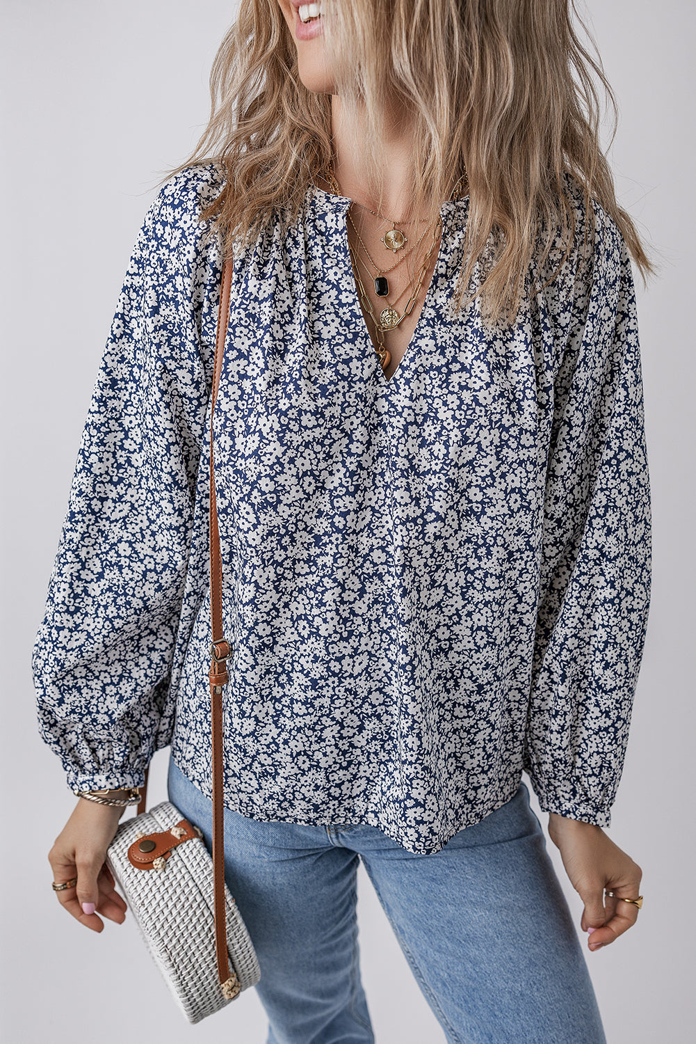 Blue Floral Print Notched V Neck Puff Sleeve Women’s Casual Top