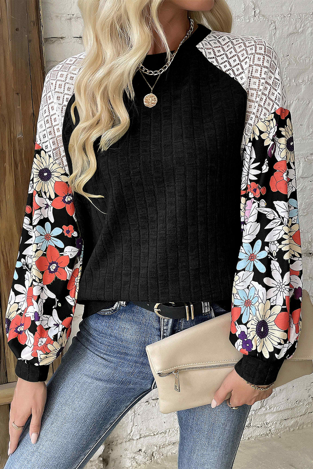 Women’s Laurel Green Floral Patchwork Ribbed Blouse with Long Sleeves