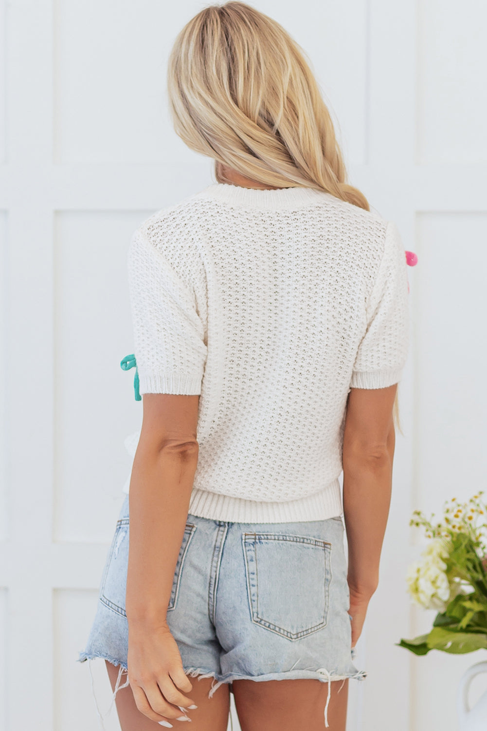 White Colouful Bow Knit Short Sleeve Sweater Mock Neck Cute Casual Sweater