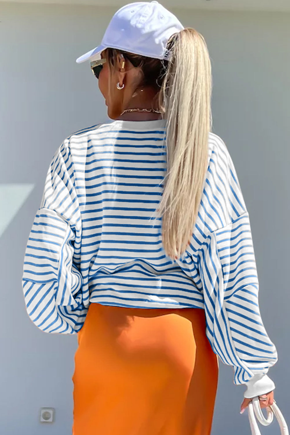 Women’s Orange Stripe Colour Block Loose Fit Collared Drop Shoulder Sweatshirt