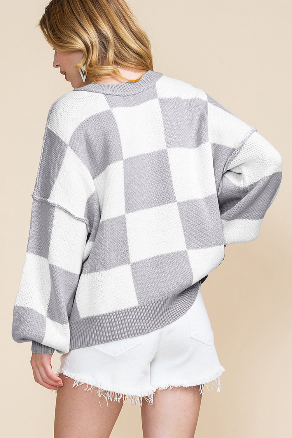 Orange Checkered Bishop Sleeve Sweater for Women