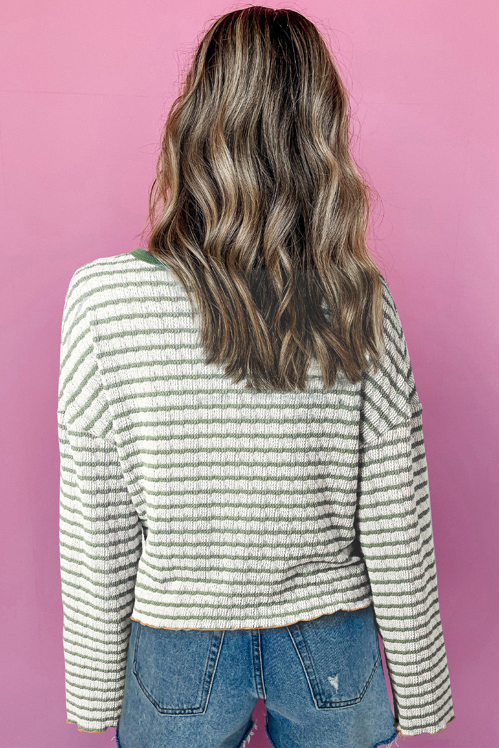 Brown Stripe Henley Long Sleeve Top with Textured Frilly Trim Buttons