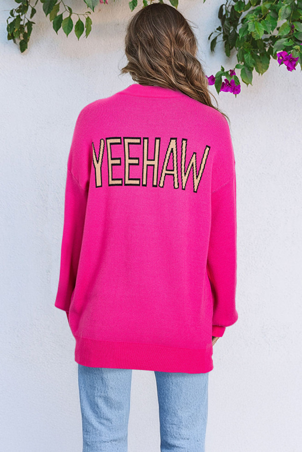 Rose Red YEEHAW Cowboy Hat Drop Shoulder Oversized Casual Knit Sweater