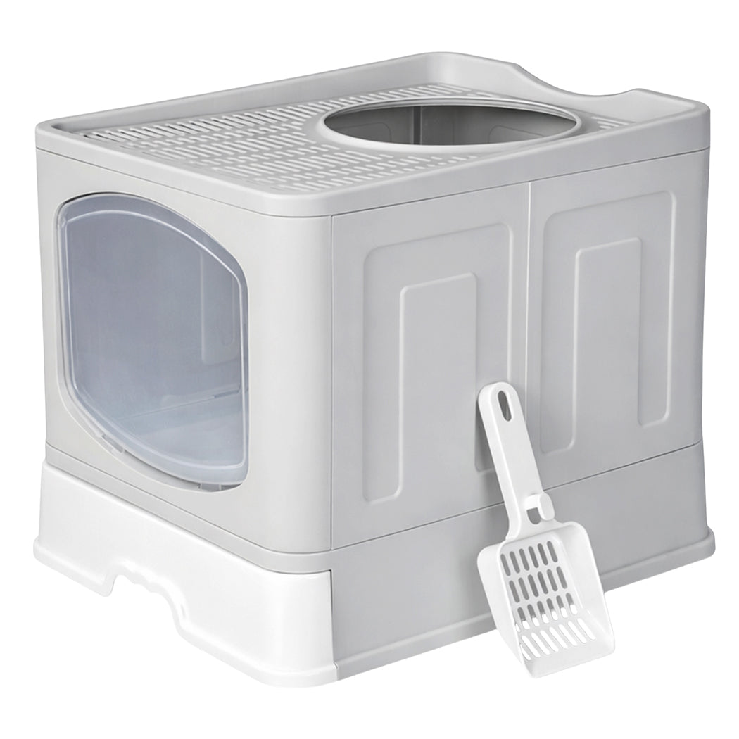 Pawz Large Cat Litter Box Foldable Top Entry Covered Litter Tray Scoop Grey-2065254305631440896