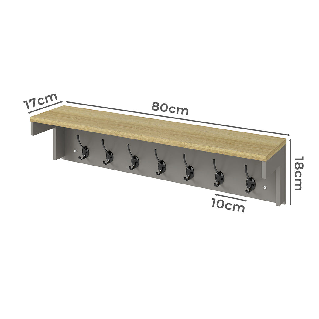 Levede Coat Rack Wall Mounted Shelf 7 Double Hooks Storage Entryway Hallway Grey-2065254290762633218