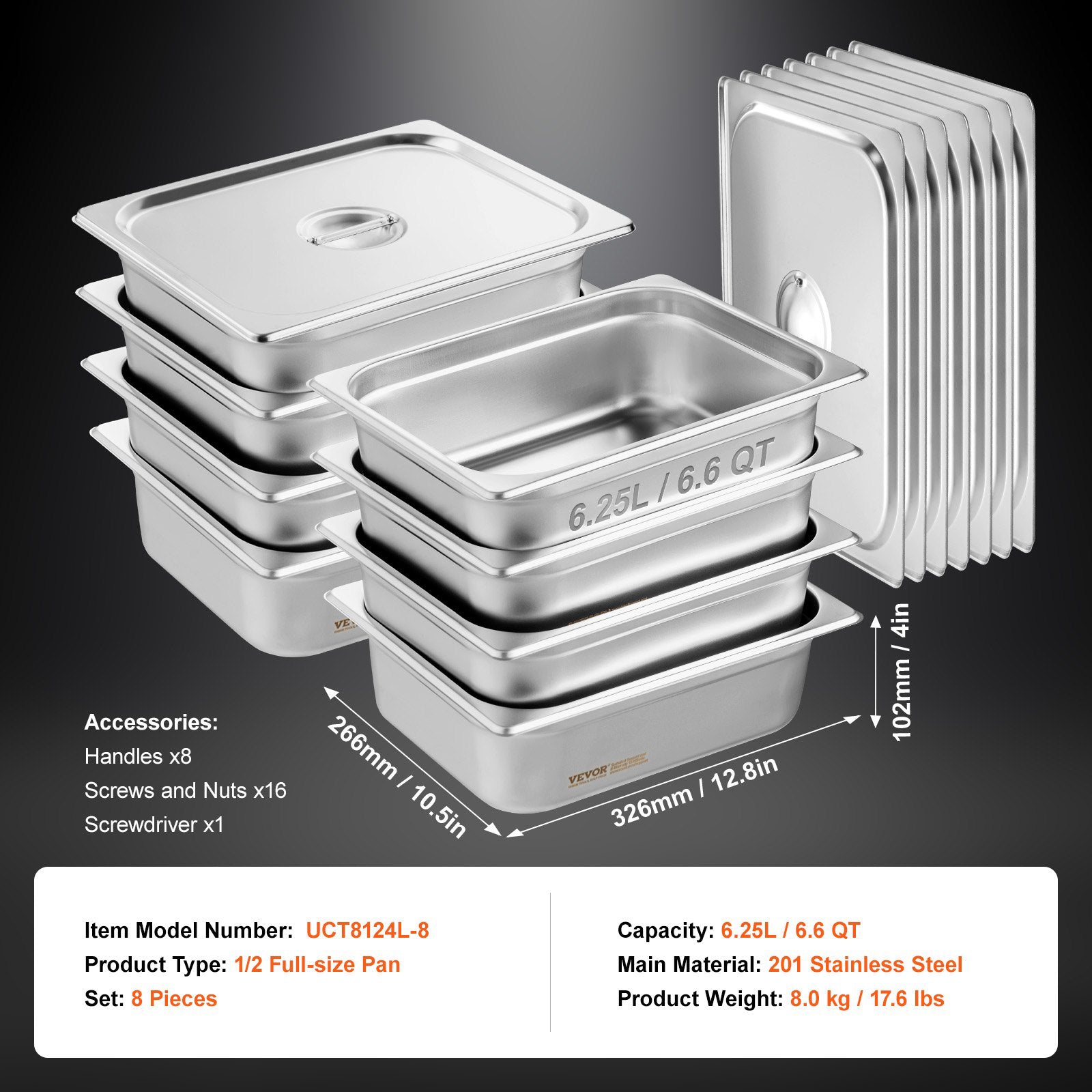 8-Pack 4" Deep Anti-Jam Stainless Steel Steam Table Pans with Lids