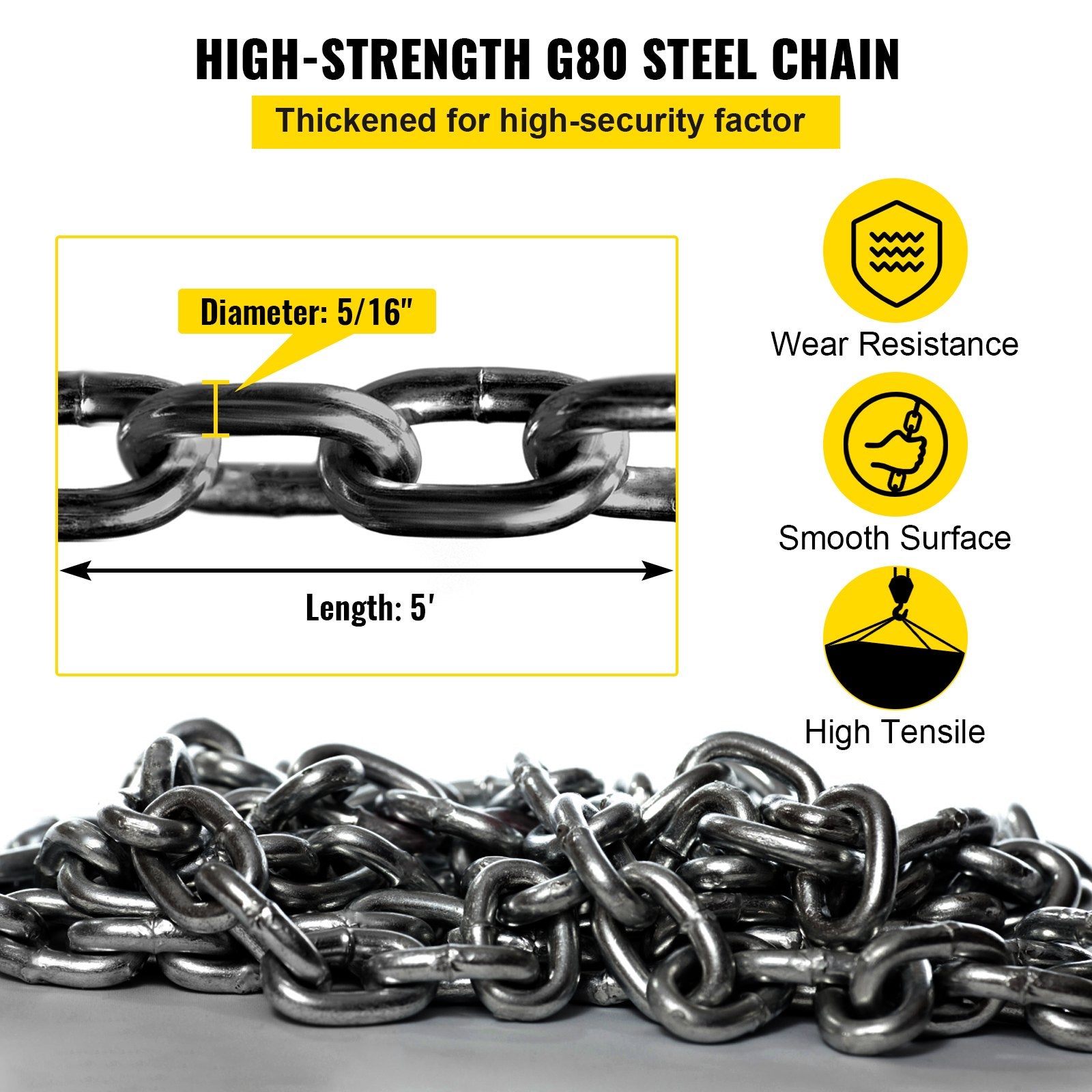 Chain Sling 8mm x 150cm, G80 5 Ton Engine Hoist Lifting Chain 4 Leg Hooks