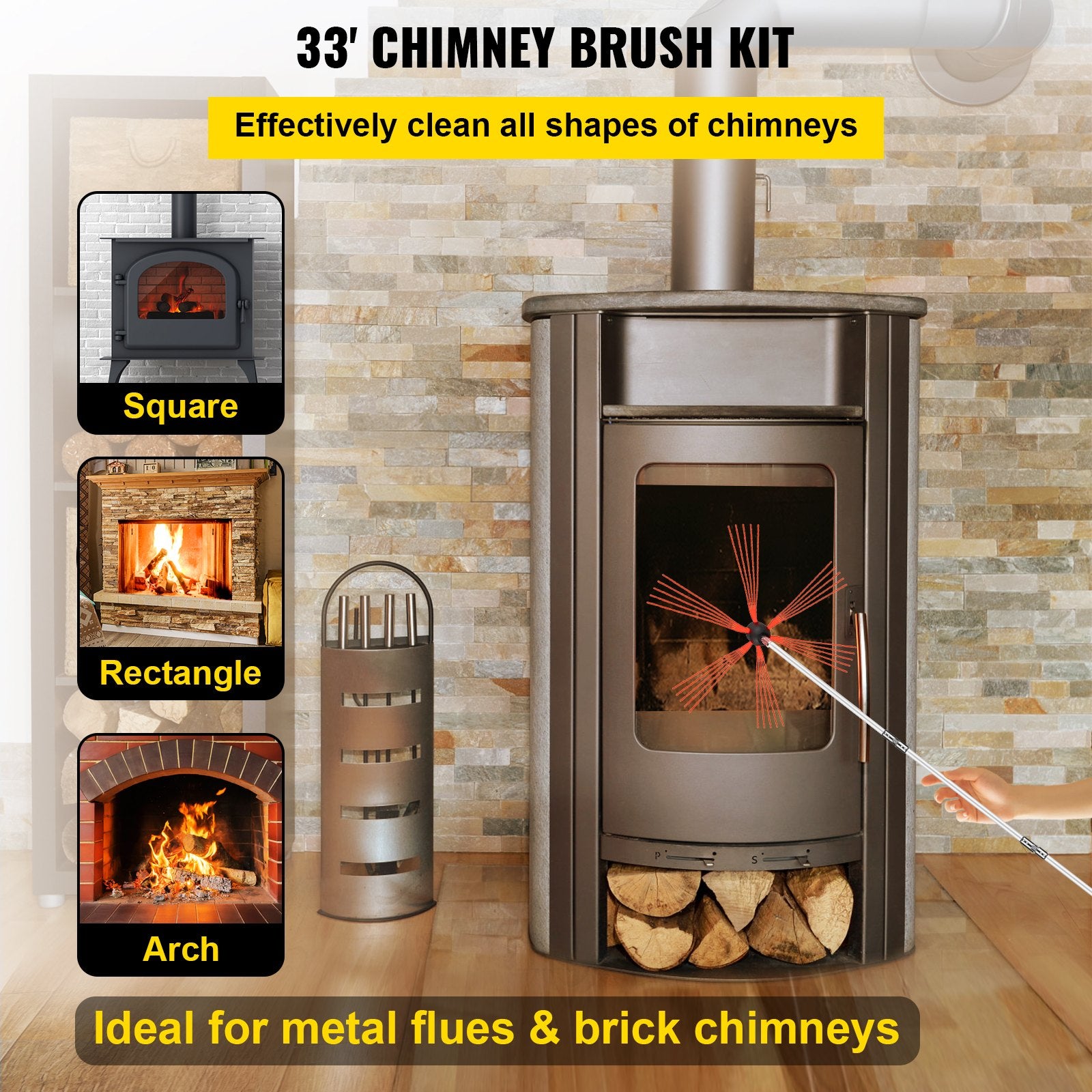 Chimney Sweep Kit 33FT Nylon Cleaning Kit Flexible Brush and 10 Rods