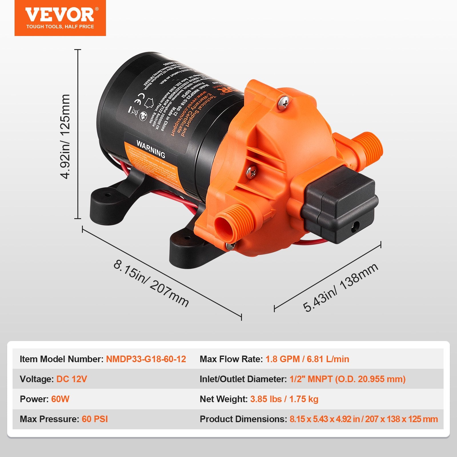 Diaphragm Pump 1.8 GPM 12V DC Water Pump 40-100 PSI 1/2 MNPT AUTO PSI SWITCH DC