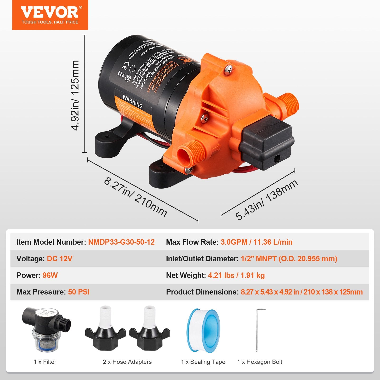 Diaphragm Pump 3GPM 12V DC 3-Chamber with Pressure Switch 1/2in MNPT