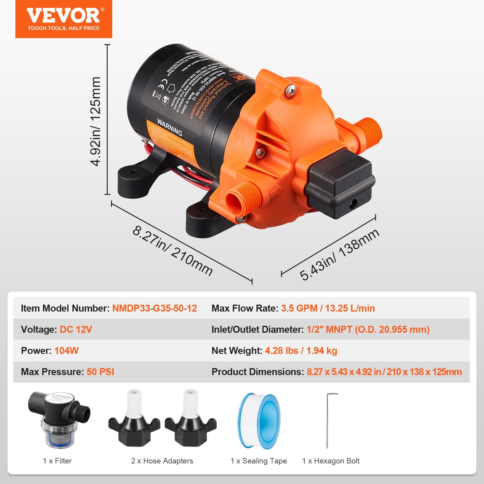 Diaphragm Pump 3.5GPM 12V DC 3-Chamber with Pressure Switch 1/2in MNPT