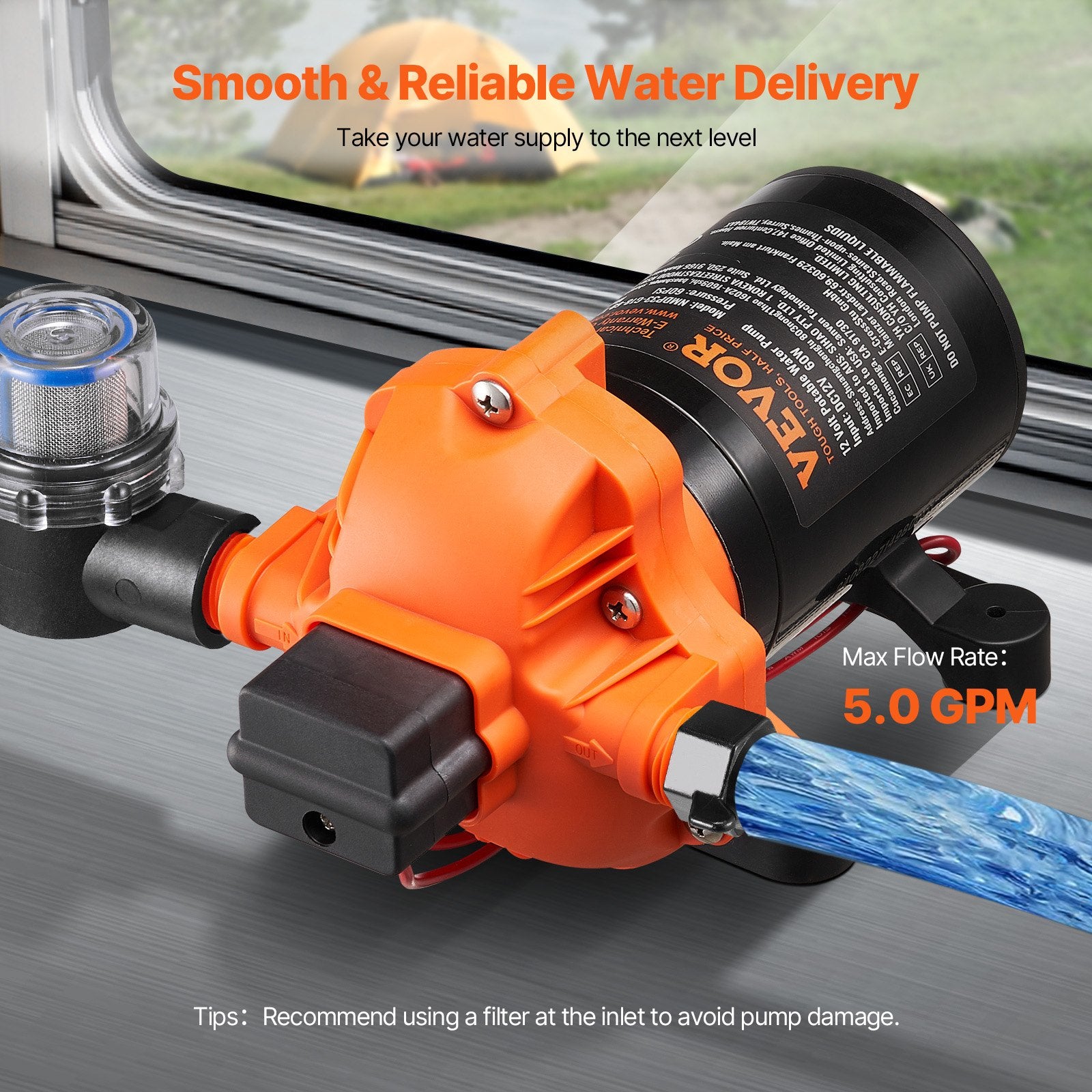 12V Diaphragm Pump 5 GPM DC Water Pump 40-100 PSI 1/2 MNPT Port Auto Switch DC--