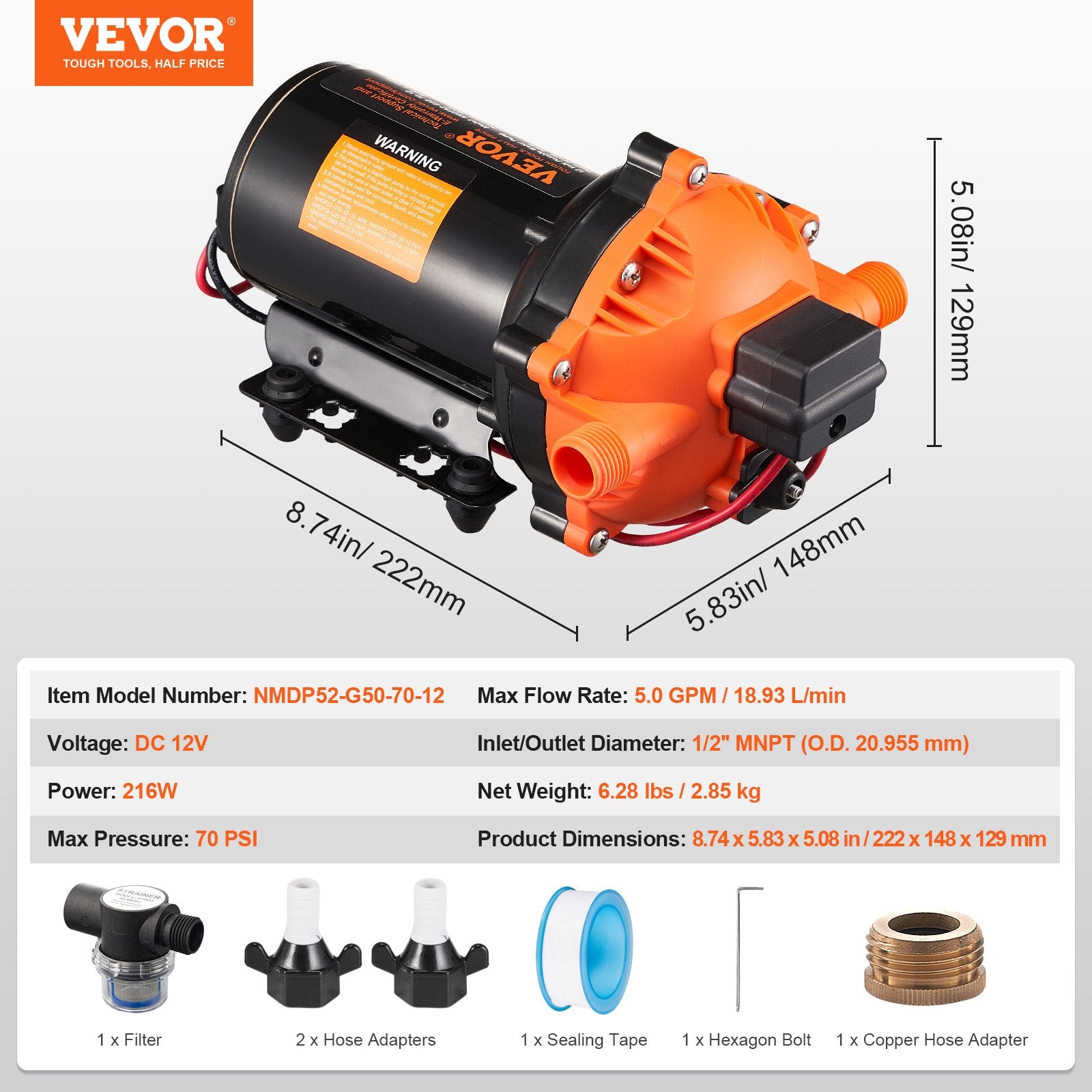 12V Diaphragm Pump 5 GPM DC Water Pump 40-100 PSI 1/2 MNPT Port Auto Switch DC--