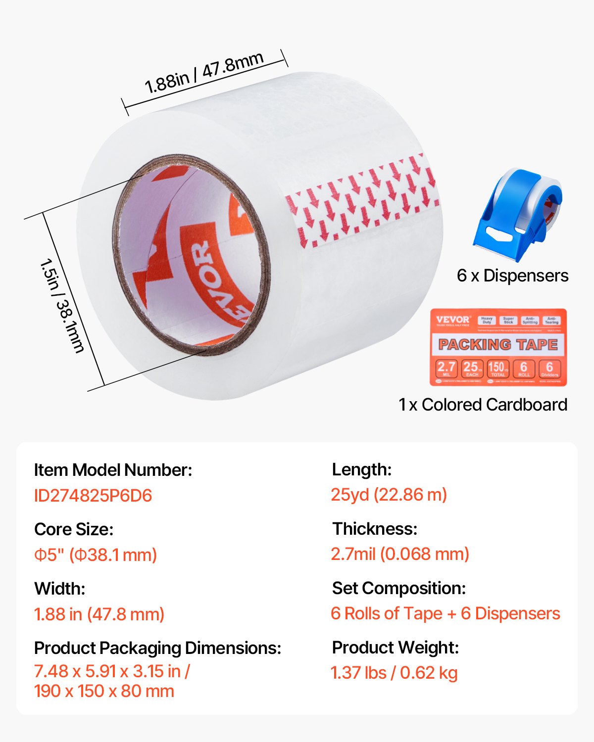 Clear Packing Tape 6 Rolls 1.88"x25yds 1.5in Core Heavy Duty with Dispenser