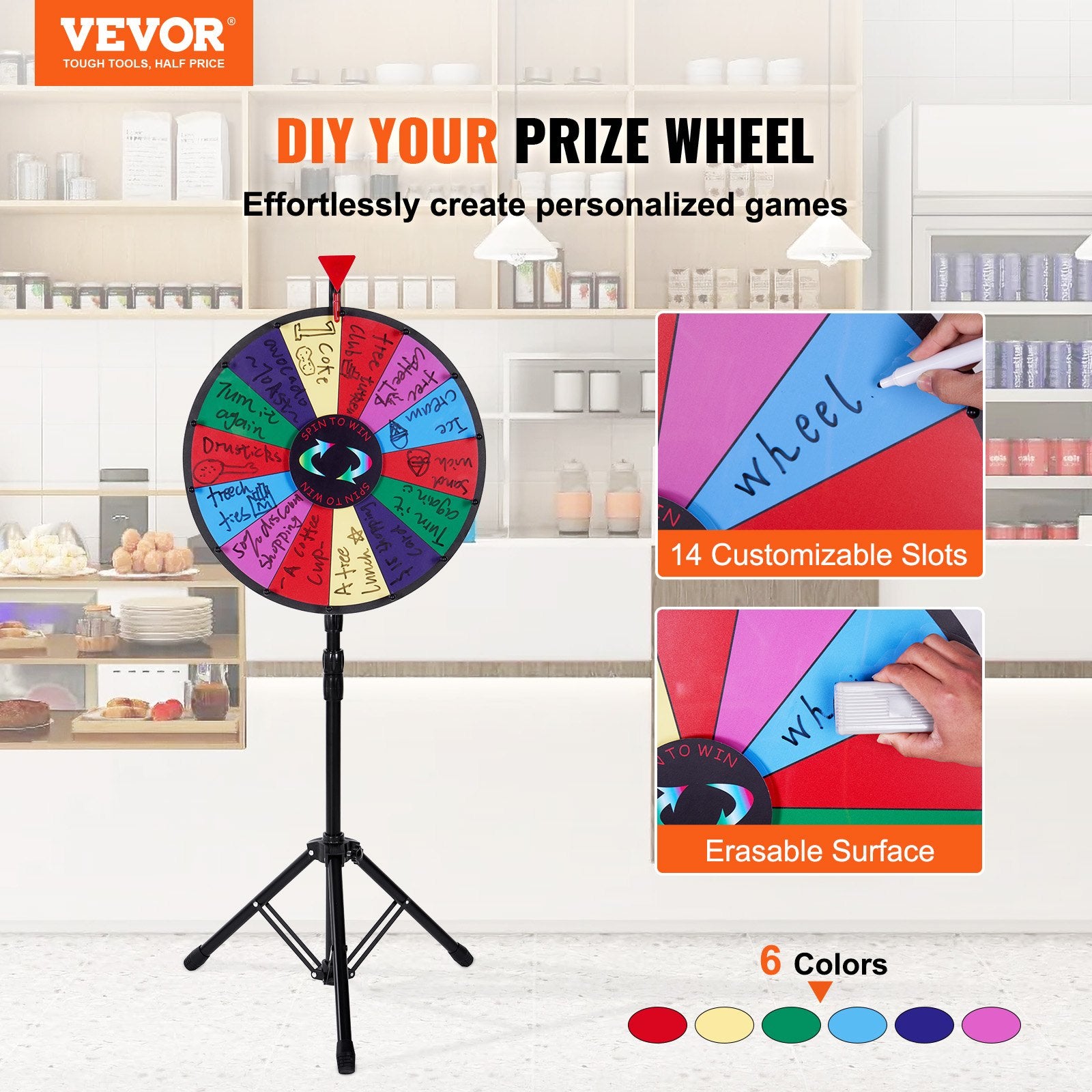 Tabletop Color Prize Wheel 18 Inch with Folding Tripod Stand 14 Slots Dry Erase