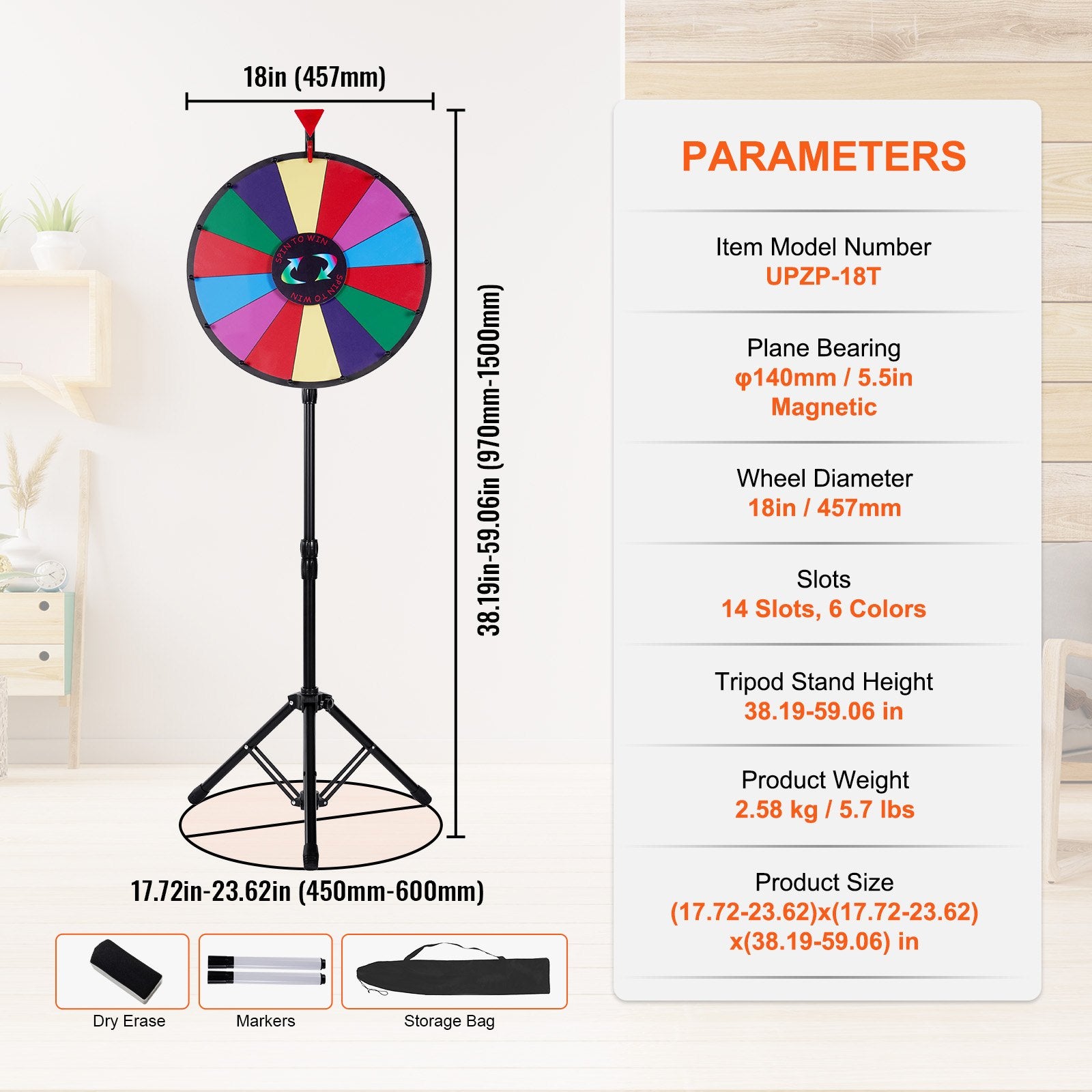 Tabletop Color Prize Wheel 18 Inch with Folding Tripod Stand 14 Slots Dry Erase