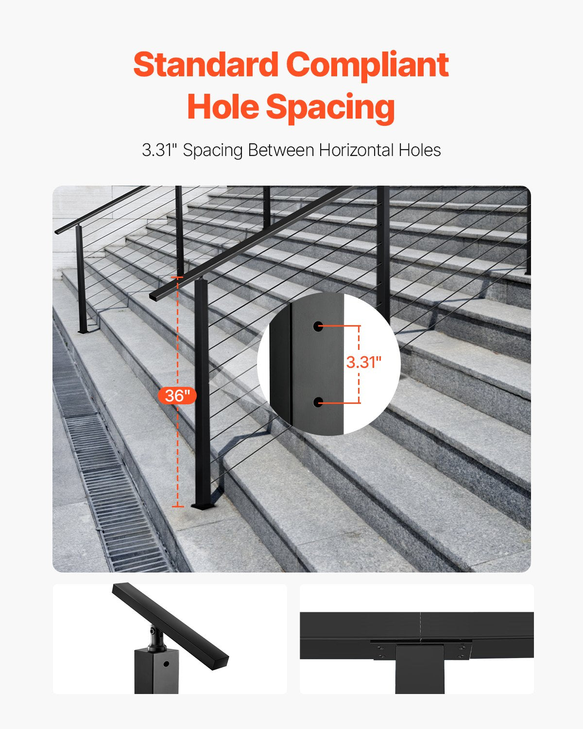 Cable Railing Post 36x2x2" Stainless Steel with Pre-Drilled 30° Holes, Black