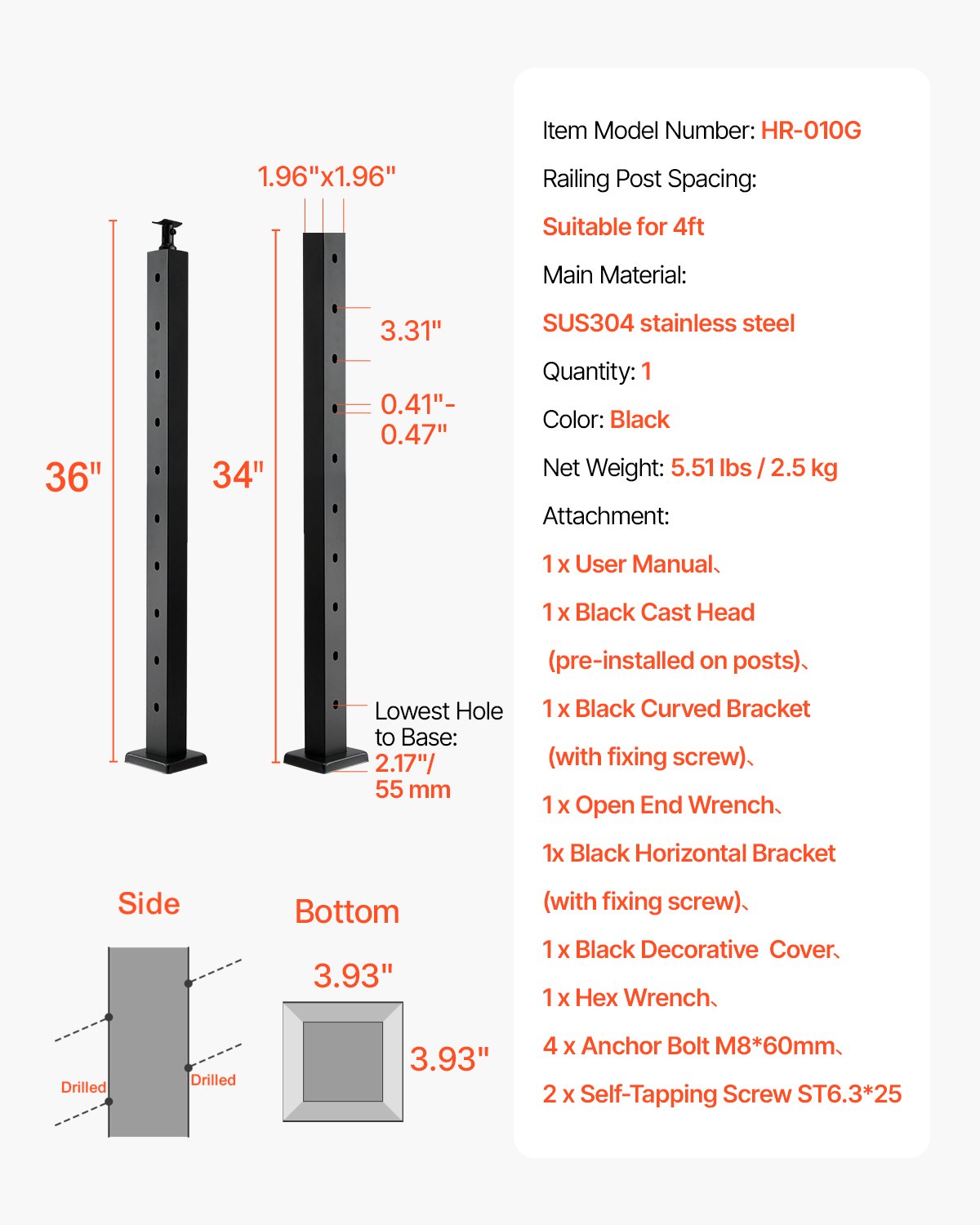 Cable Railing Post 36x2x2" Stainless Steel with Pre-Drilled 30° Holes, Black