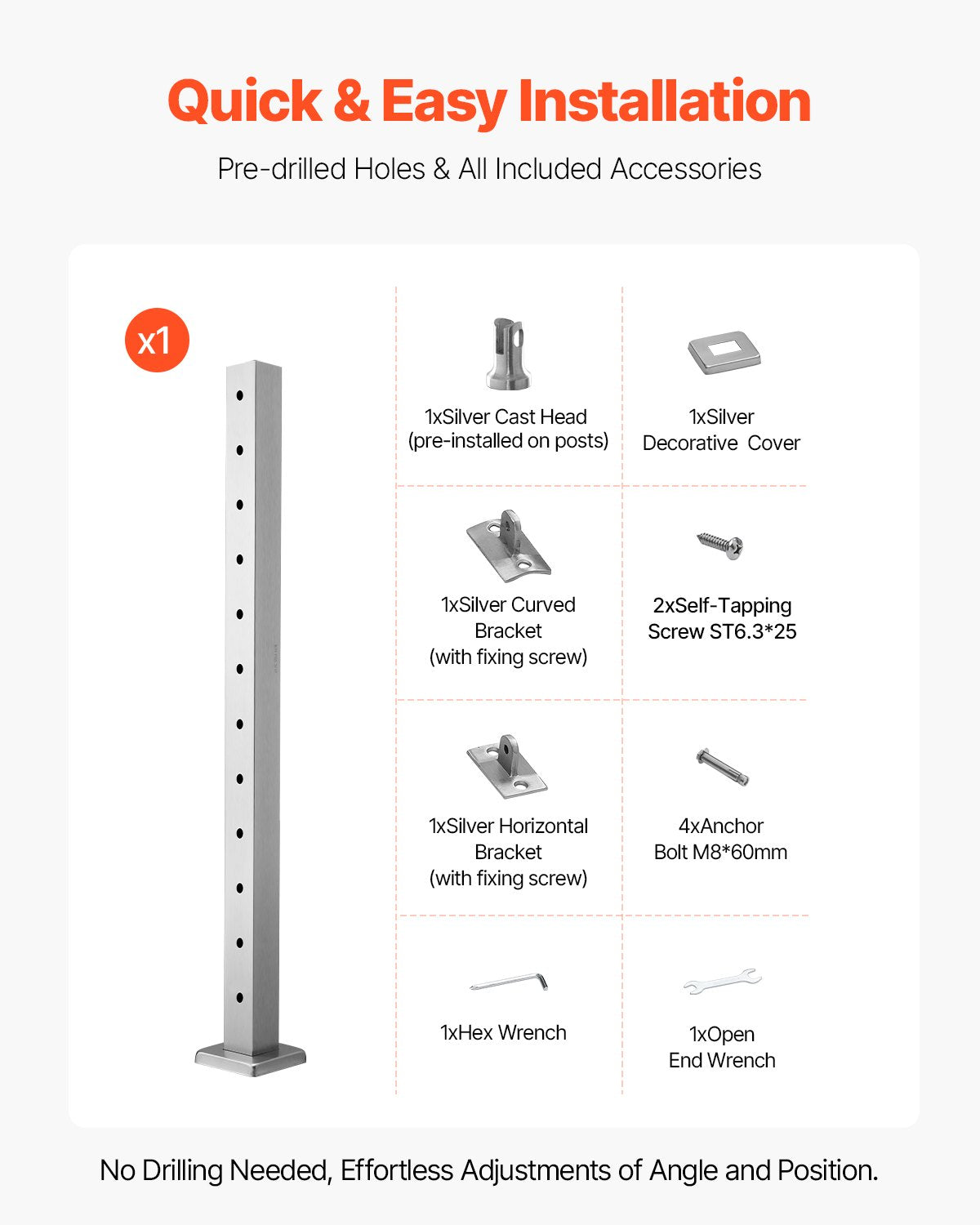 Cable Railing Post 42x2x2 Inch Stainless Steel Level Deck Stair with Bracket