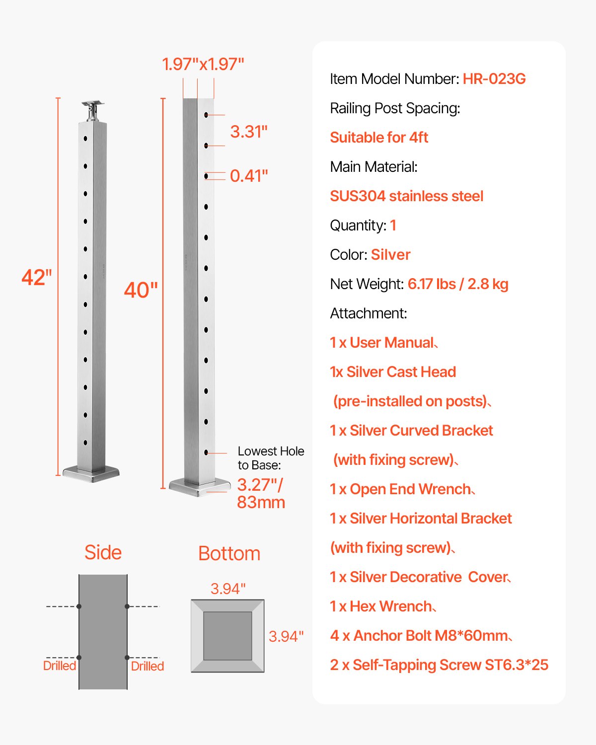 Cable Railing Post 42x2x2 Inch Stainless Steel Level Deck Stair with Bracket