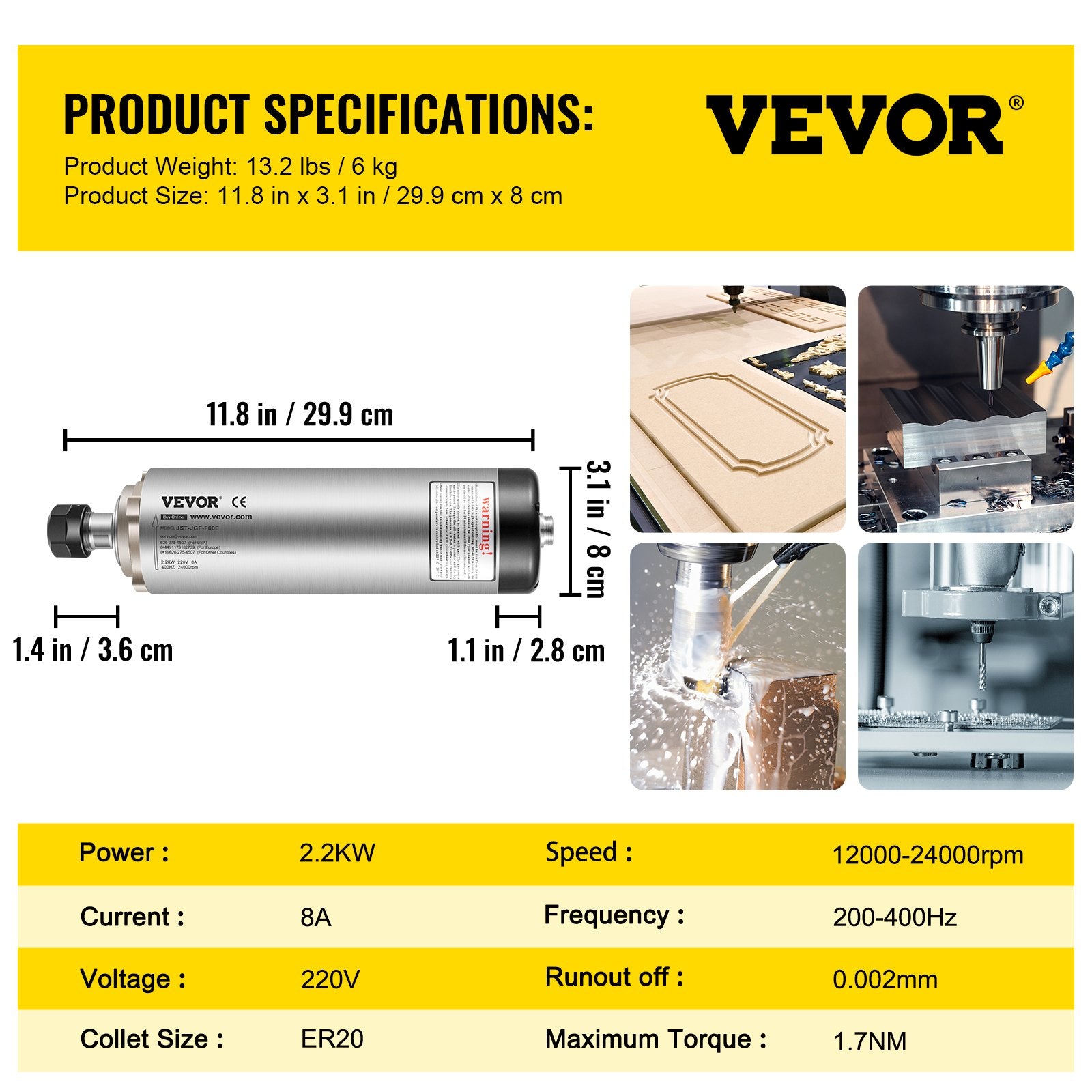 Air Cooled ER20 CNC Spindle Motor 2.2KW 24000 RPM 400Hz for Router Milling