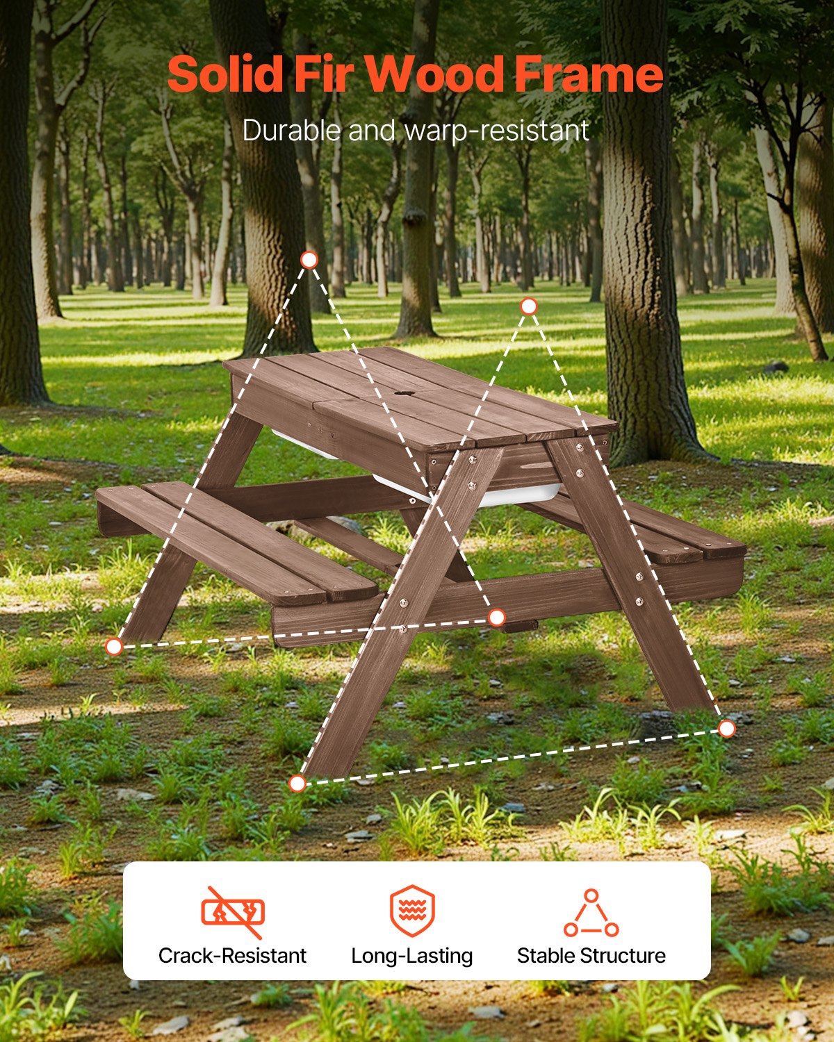Kids Picnic Table with Umbrella 3-in-1 Sand Water Table Wooden Bench Set Walnut
