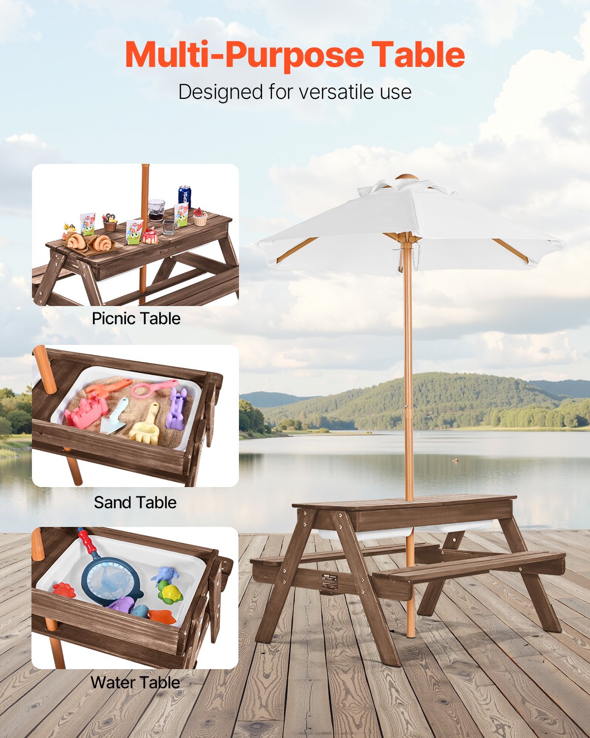 Kids Picnic Table with Umbrella 3-in-1 Sand Water Table Wooden Bench Set Walnut