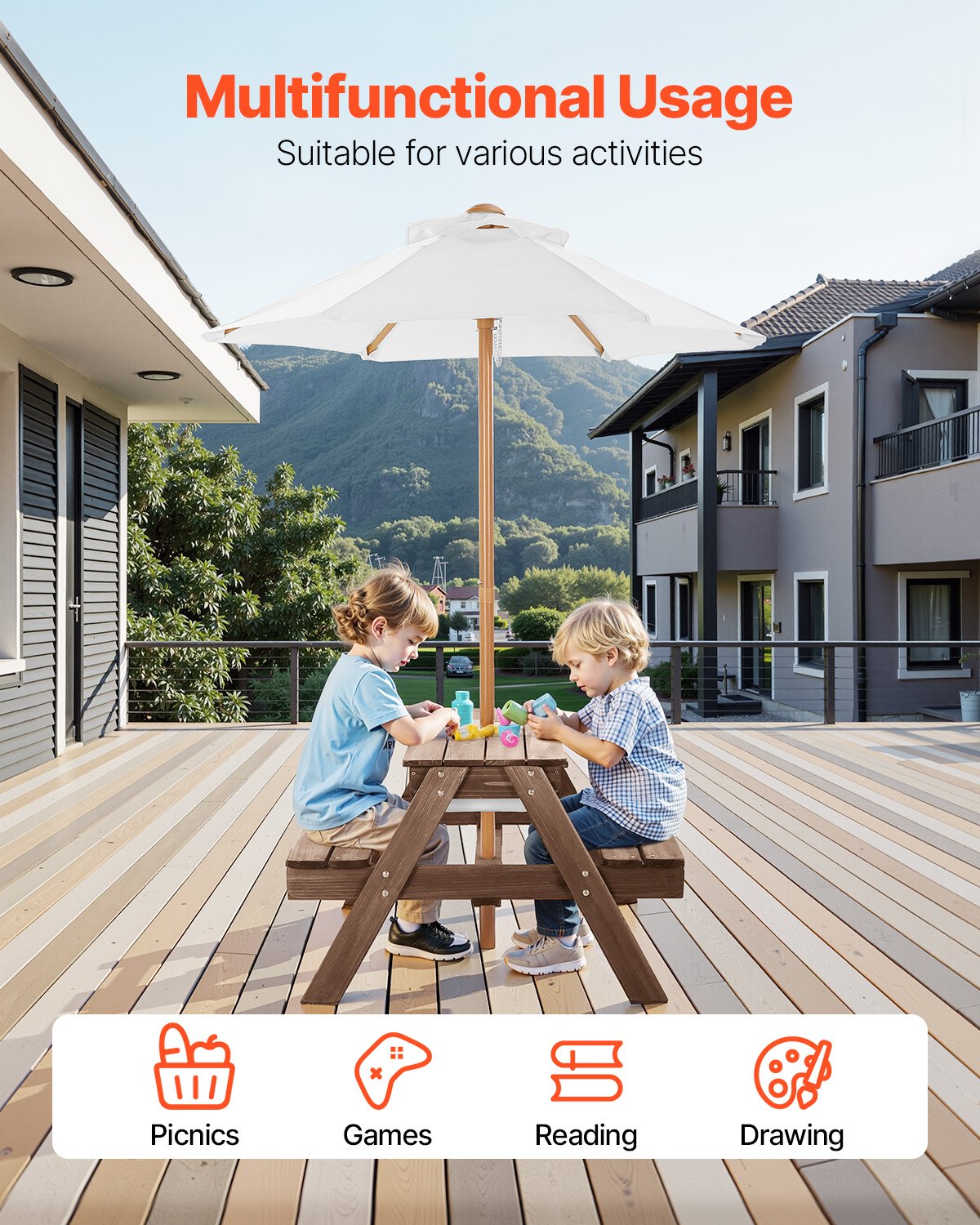 Kids Picnic Table with Umbrella 3-in-1 Sand Water Table Wooden Bench Set Walnut