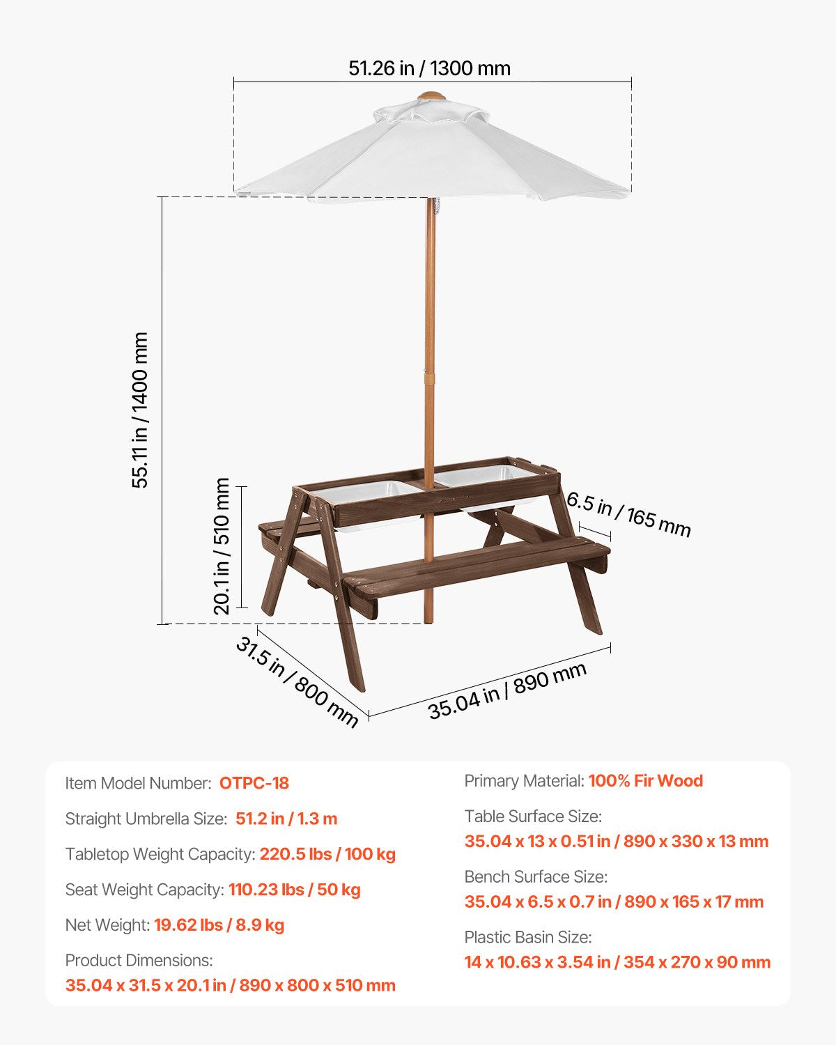 Kids Picnic Table with Umbrella 3-in-1 Sand Water Table Wooden Bench Set Walnut