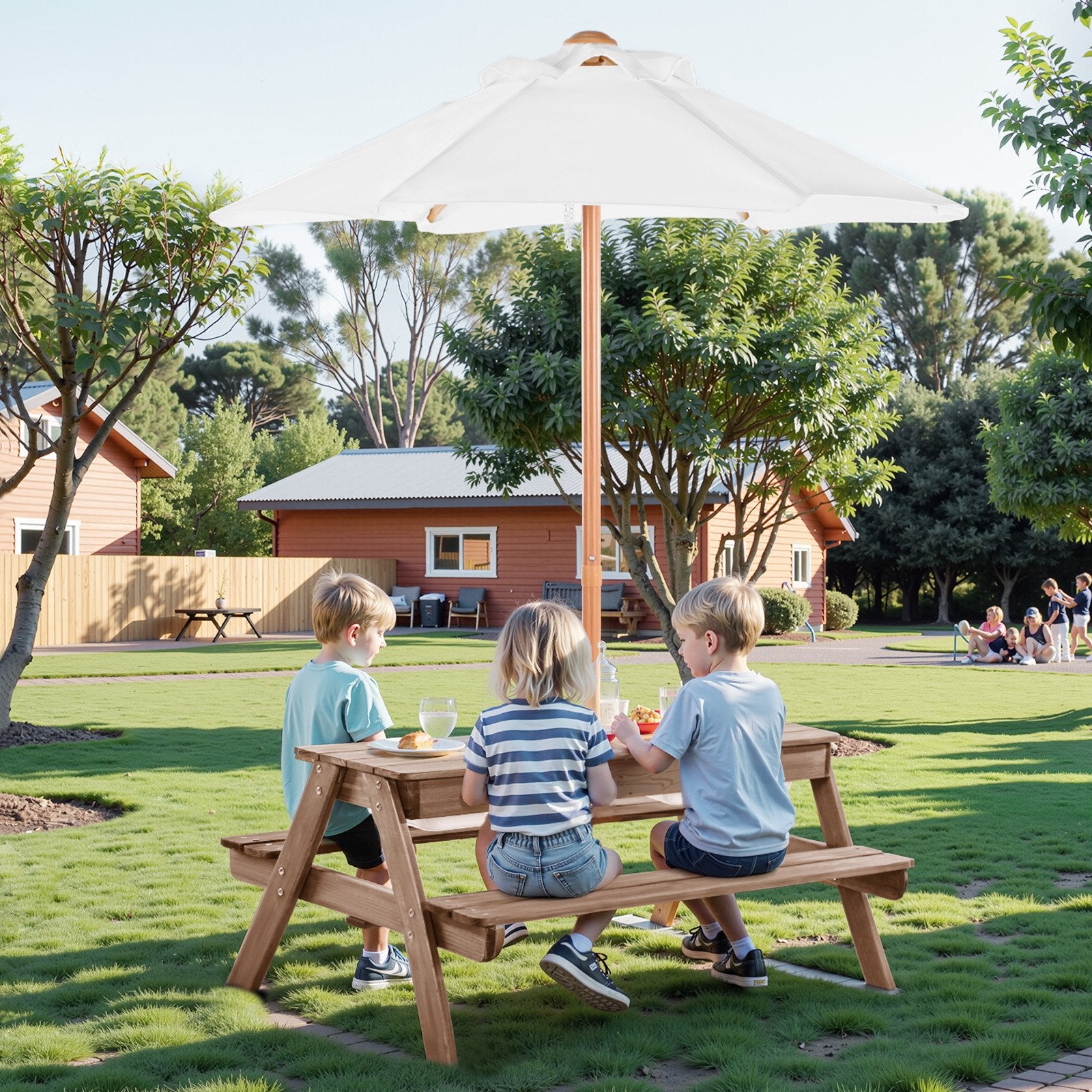 Kids Picnic Table with Umbrella 3-in-1 Sand Water Table Wooden Bench Set Walnut