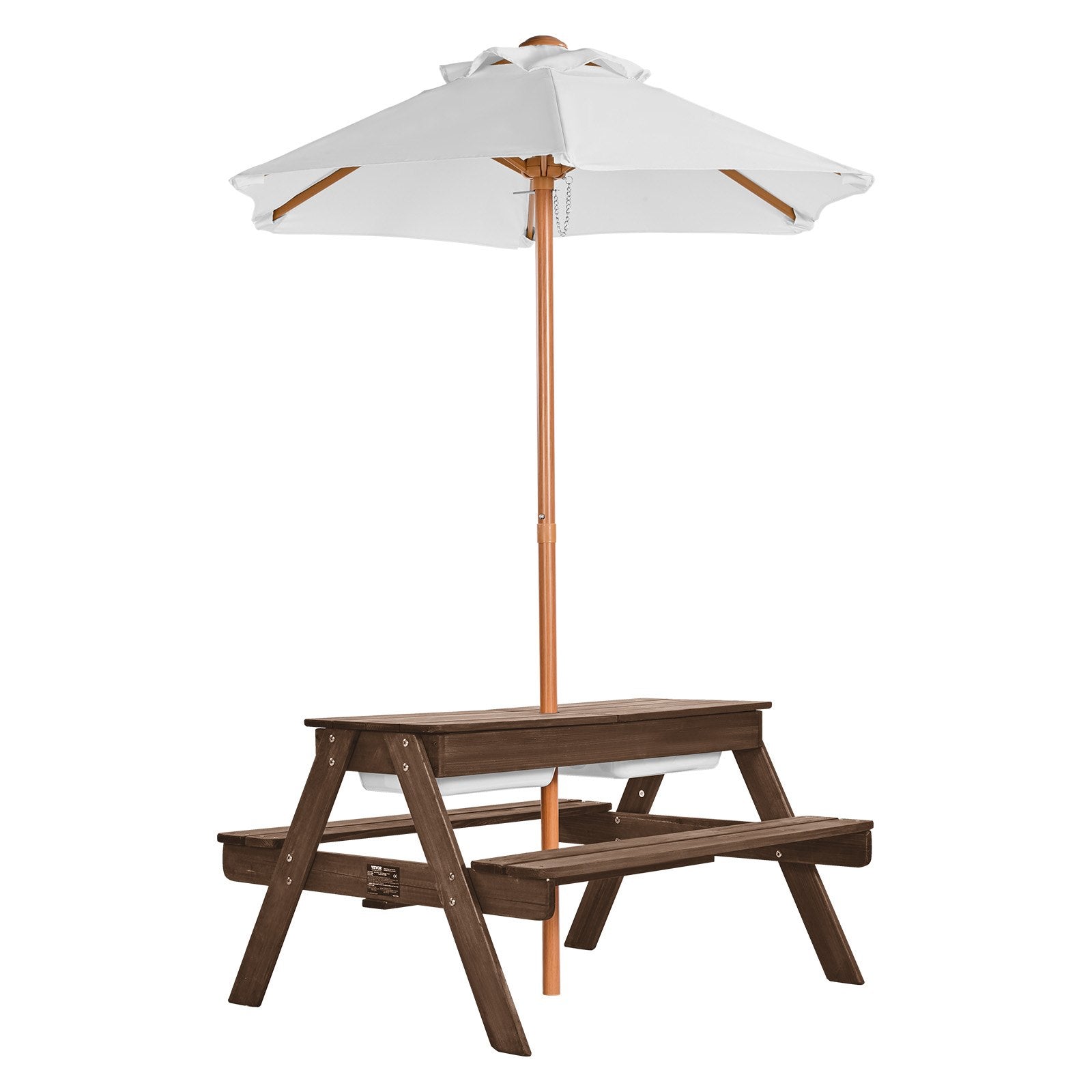 Kids Picnic Table with Umbrella 3-in-1 Sand Water Table Wooden Bench Set Walnut