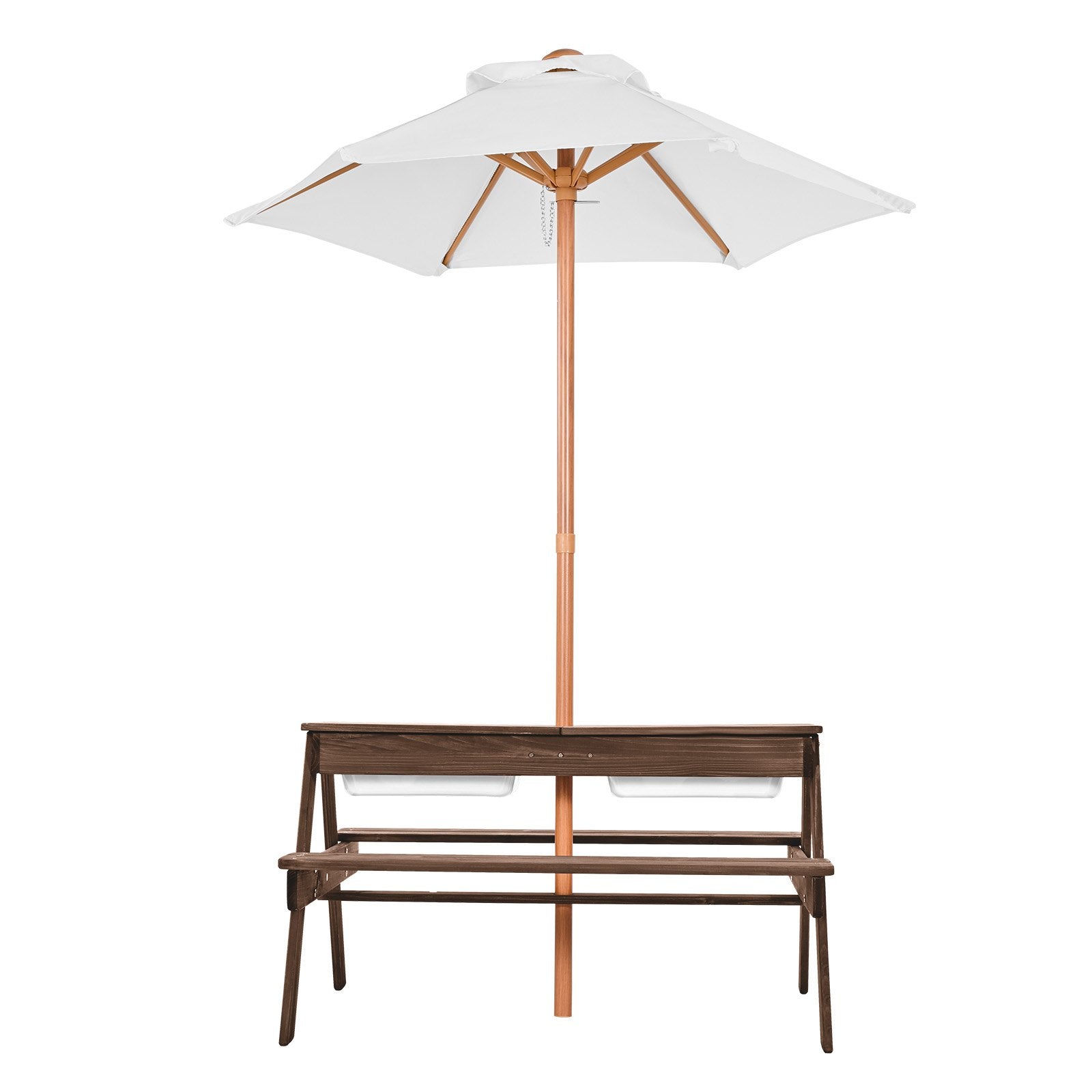 Kids Picnic Table with Umbrella 3-in-1 Sand Water Table Wooden Bench Set Walnut