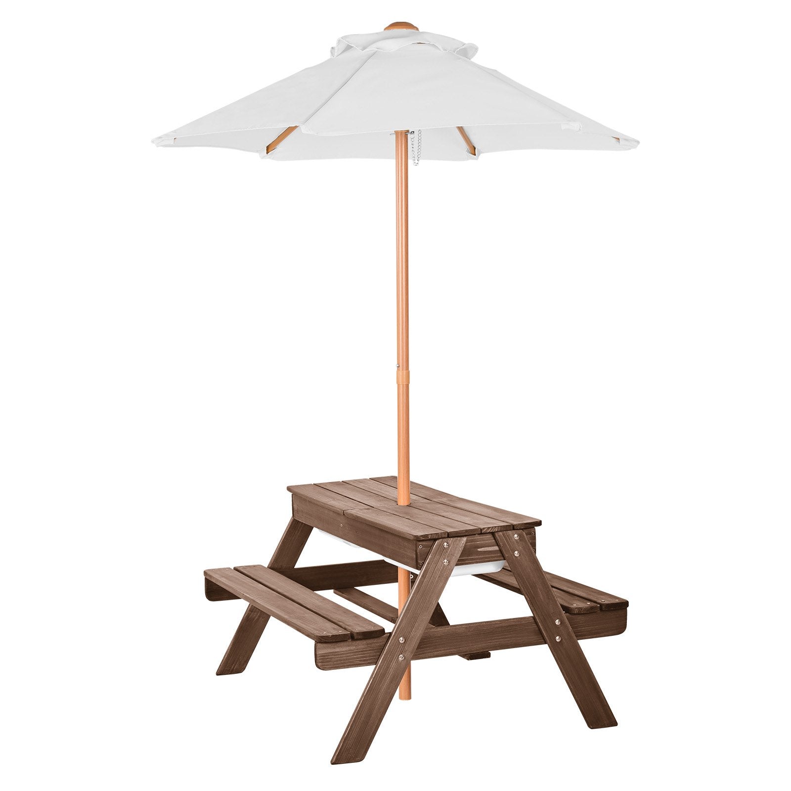 Kids Picnic Table with Umbrella 3-in-1 Sand Water Table Wooden Bench Set Walnut