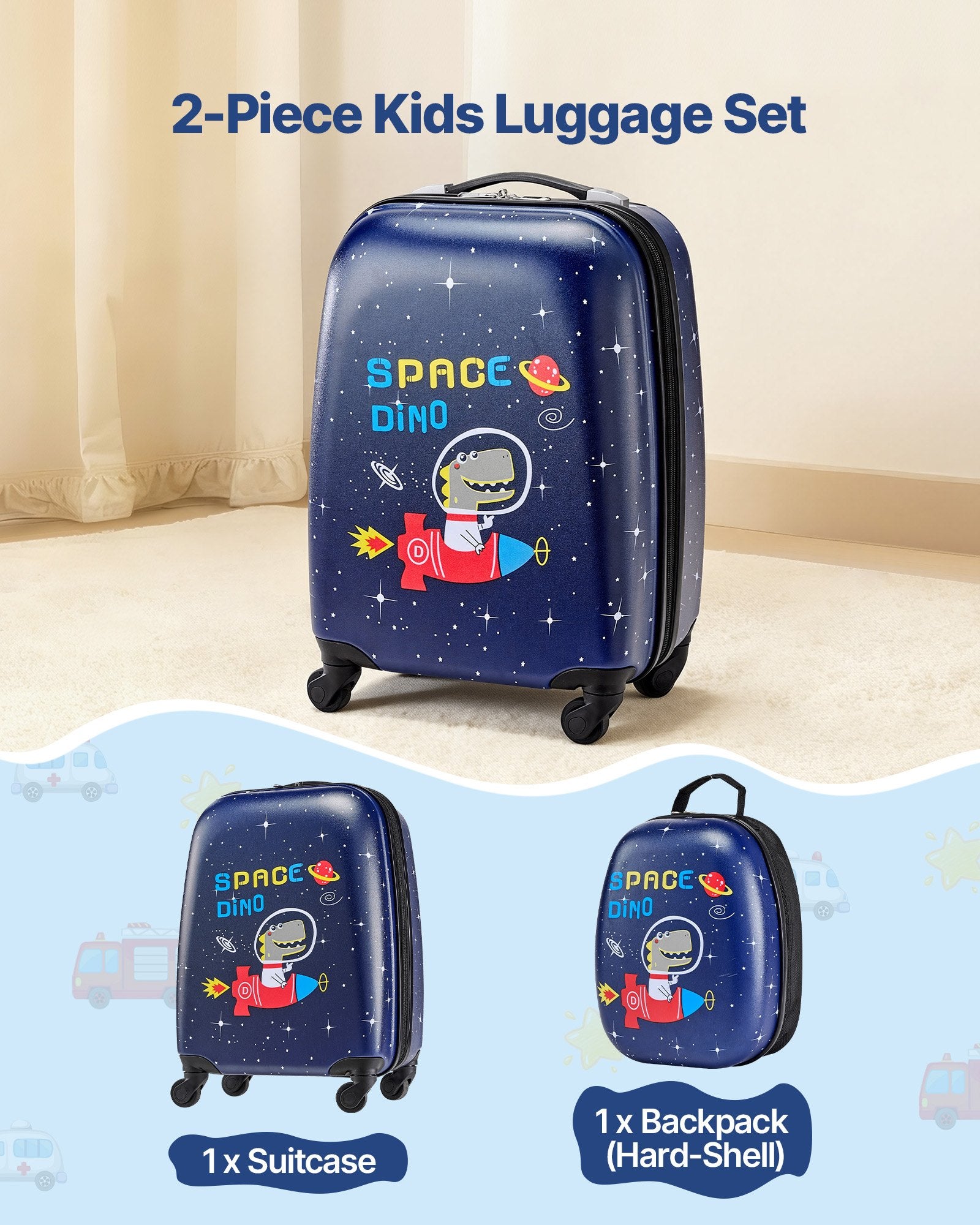 Kids Luggage Set 2-Piece, 45.7 cm Hardside Rolling Suitcase & Backpack, Dinosaur