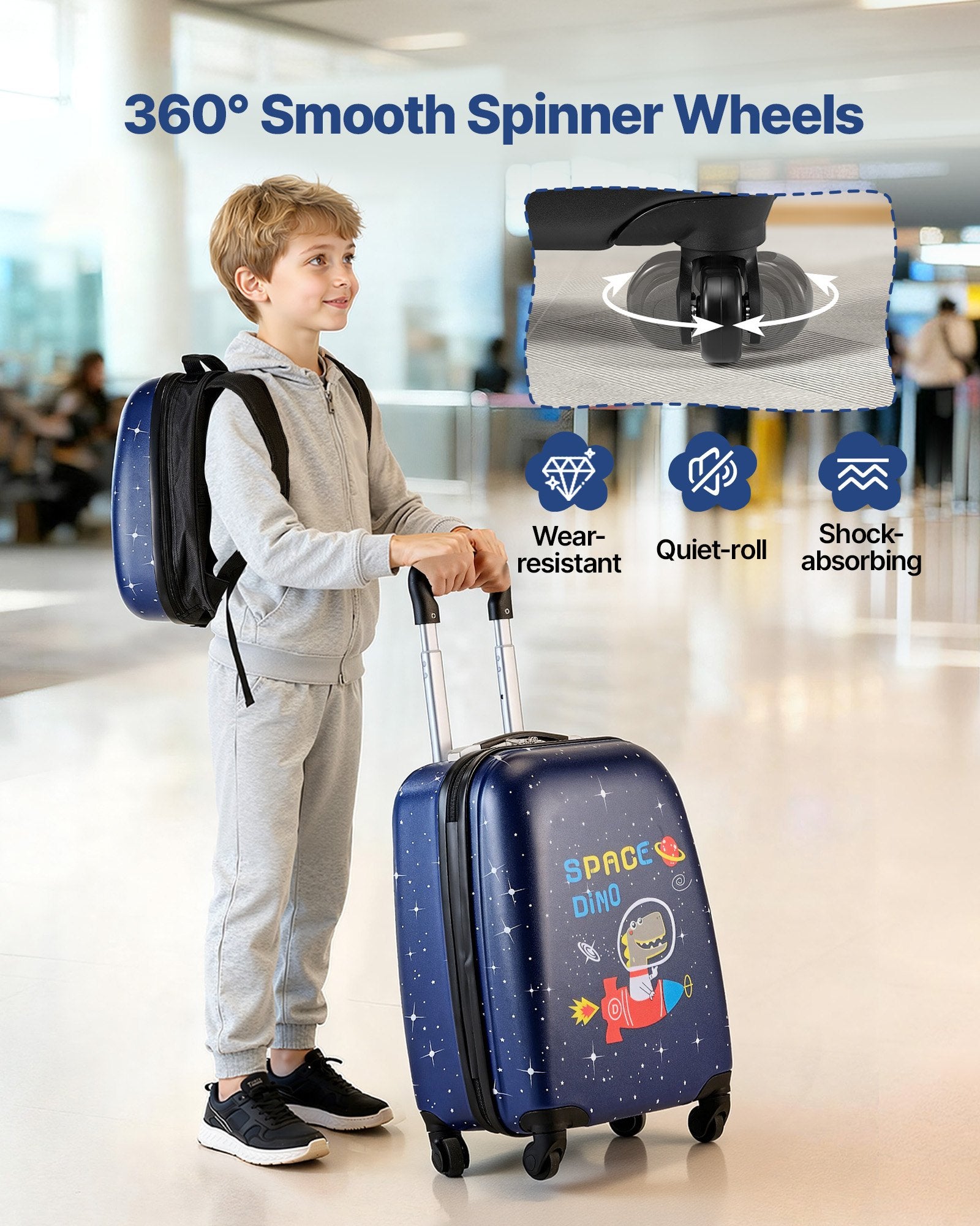 Kids Luggage Set 2-Piece, 45.7 cm Hardside Rolling Suitcase & Backpack, Dinosaur