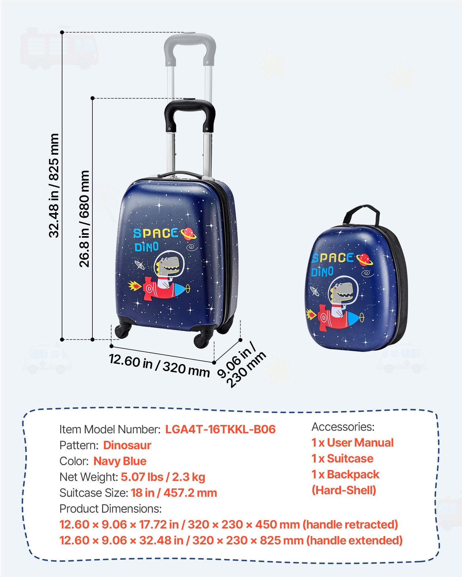 Kids Luggage Set 2-Piece, 45.7 cm Hardside Rolling Suitcase & Backpack, Dinosaur