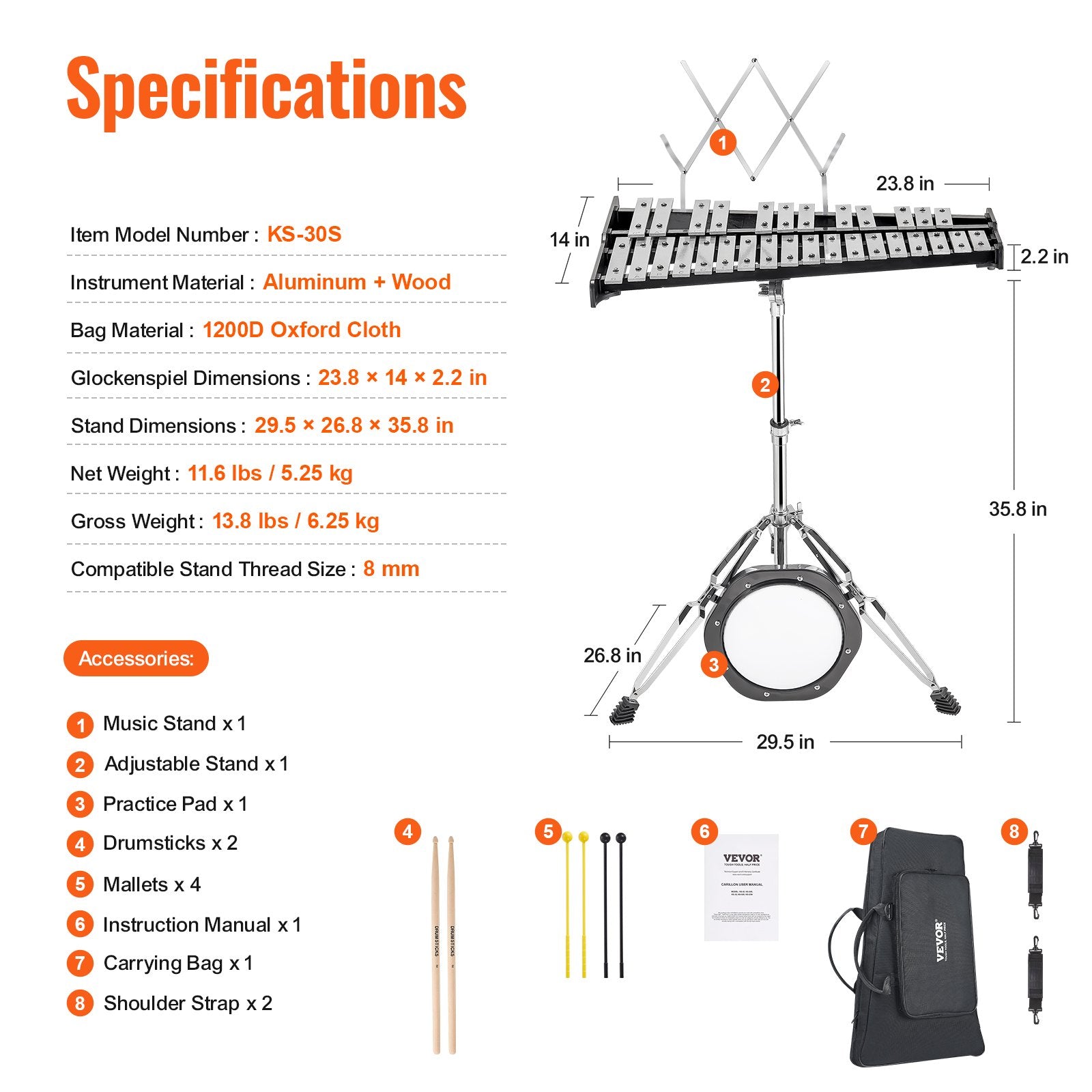 Glockenspiel Xylophone 30-Note Percussion Set Mallets Stand Pad Carry Bag