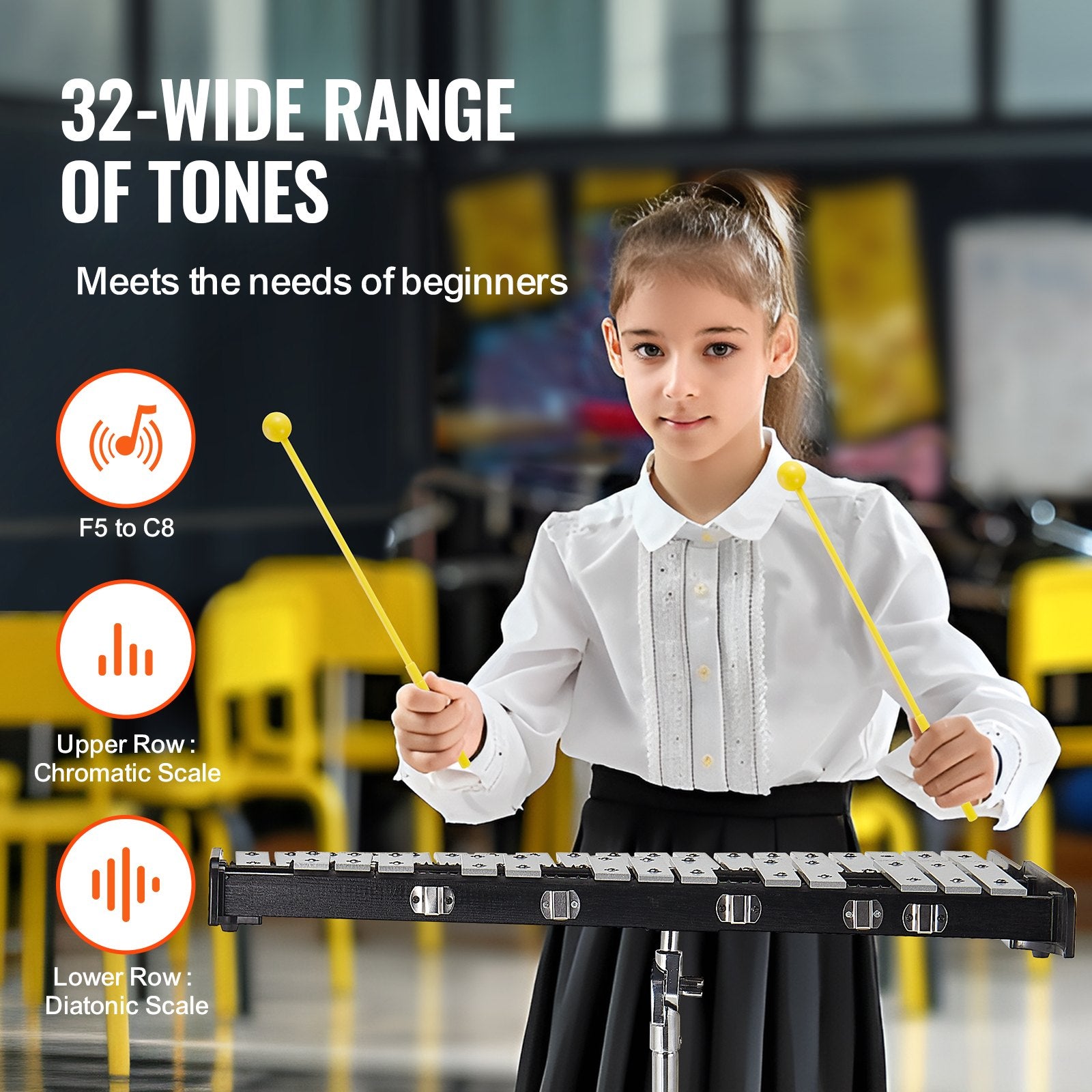Glockenspiel Xylophone 32-Note Percussion Set Mallets Pad Stand Carry Bag