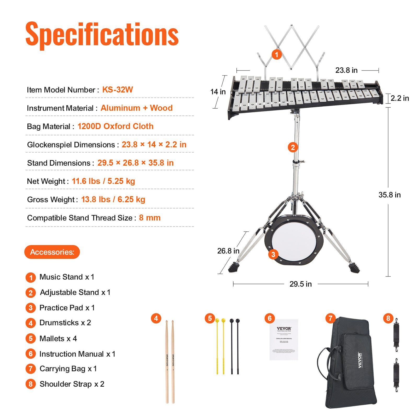 Glockenspiel Xylophone 32-Note Percussion Set Mallets Pad Stand Carry Bag