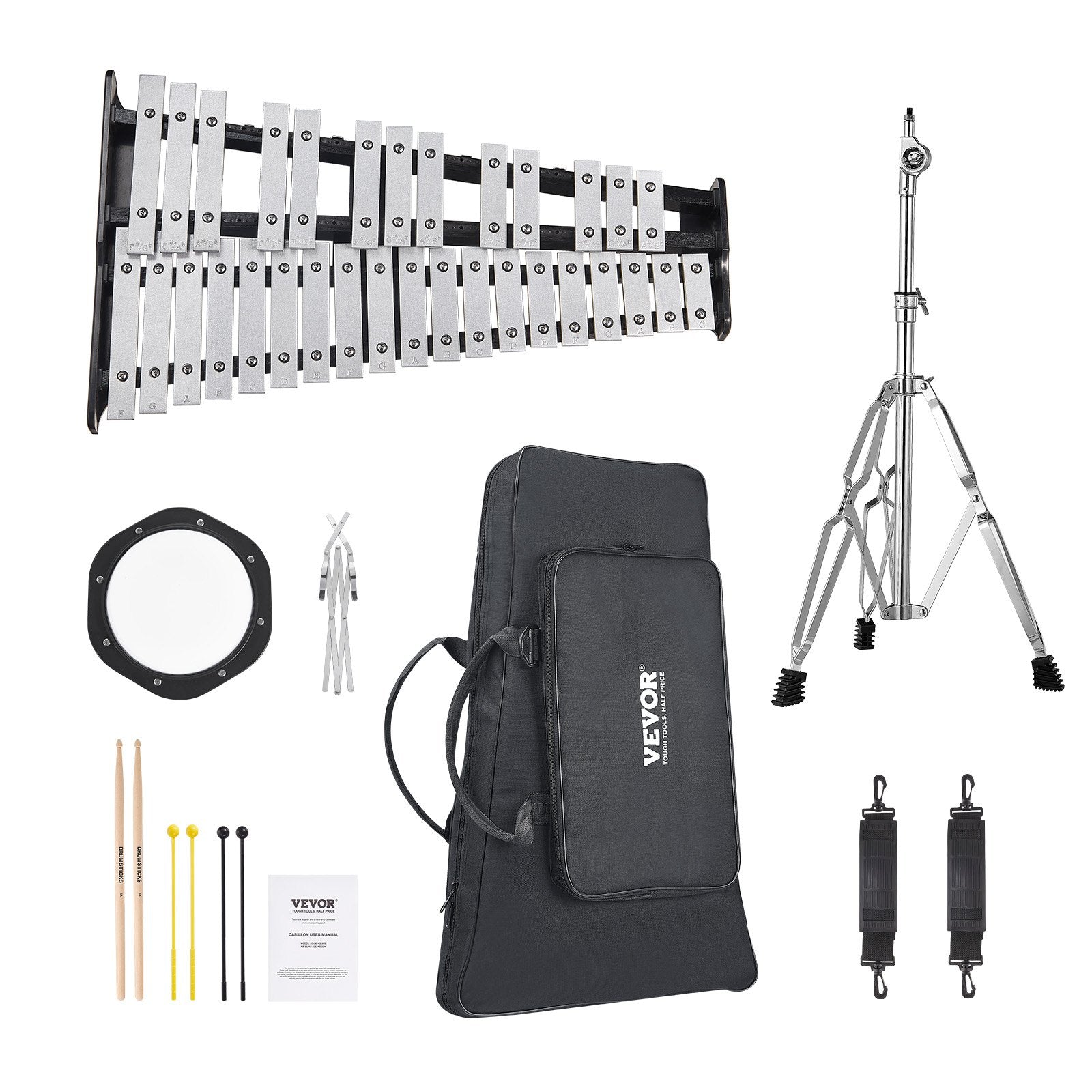 Glockenspiel Xylophone 32-Note Percussion Set Mallets Pad Stand Carry Bag