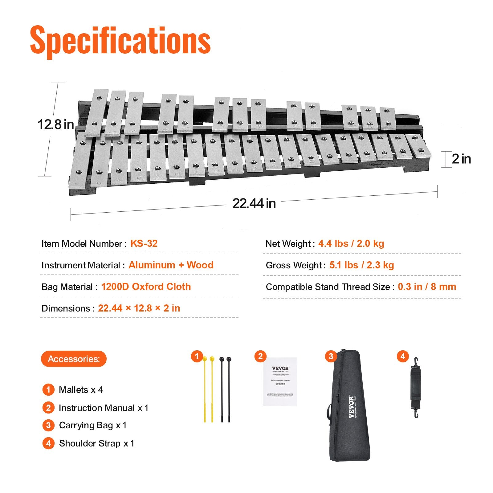 32-Note Glockenspiel Xylophone Set with Mallets Sticks and Carrying Bag