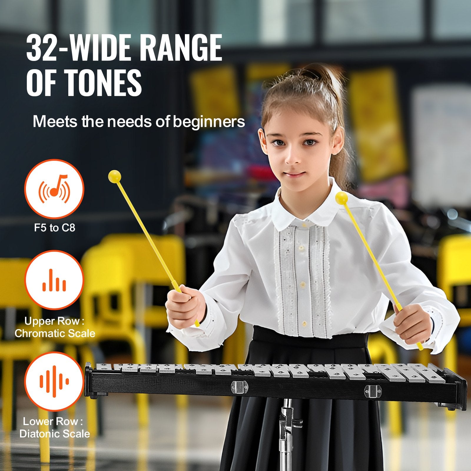 Glockenspiel Xylophone 32-Note Percussion Set Mallets Stand Carrying Bag