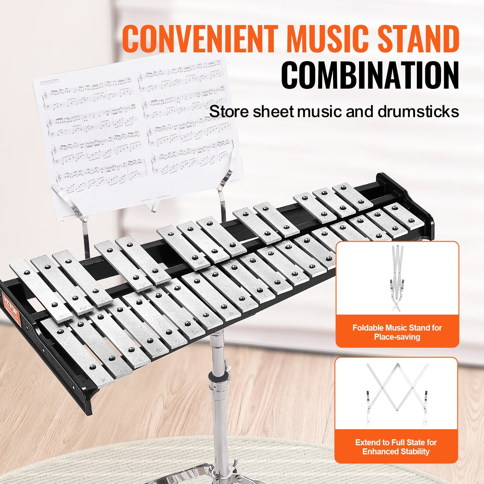 Glockenspiel Xylophone 32-Note Percussion Set Mallets Stand Carrying Bag