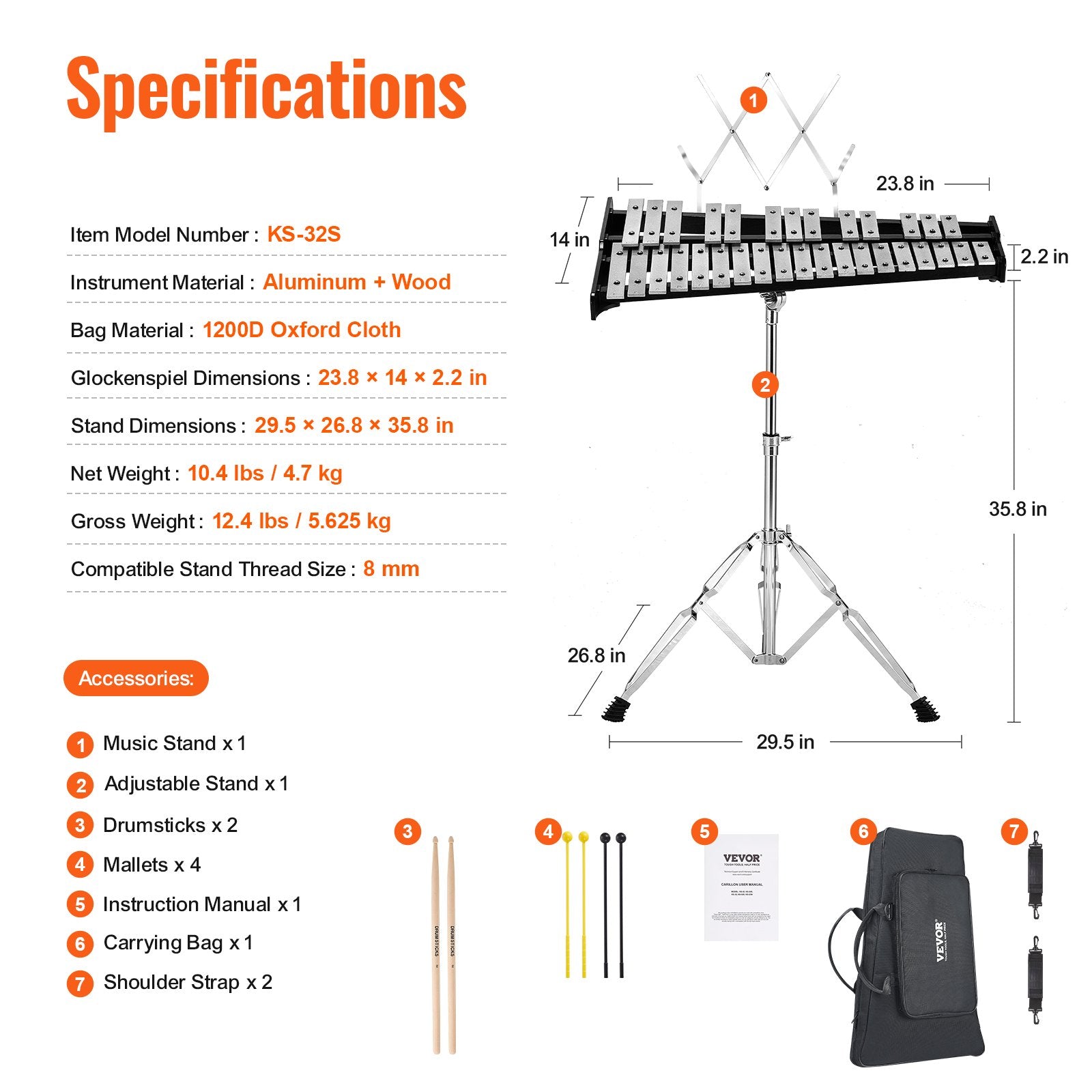 Glockenspiel Xylophone 32-Note Percussion Set Mallets Stand Carrying Bag