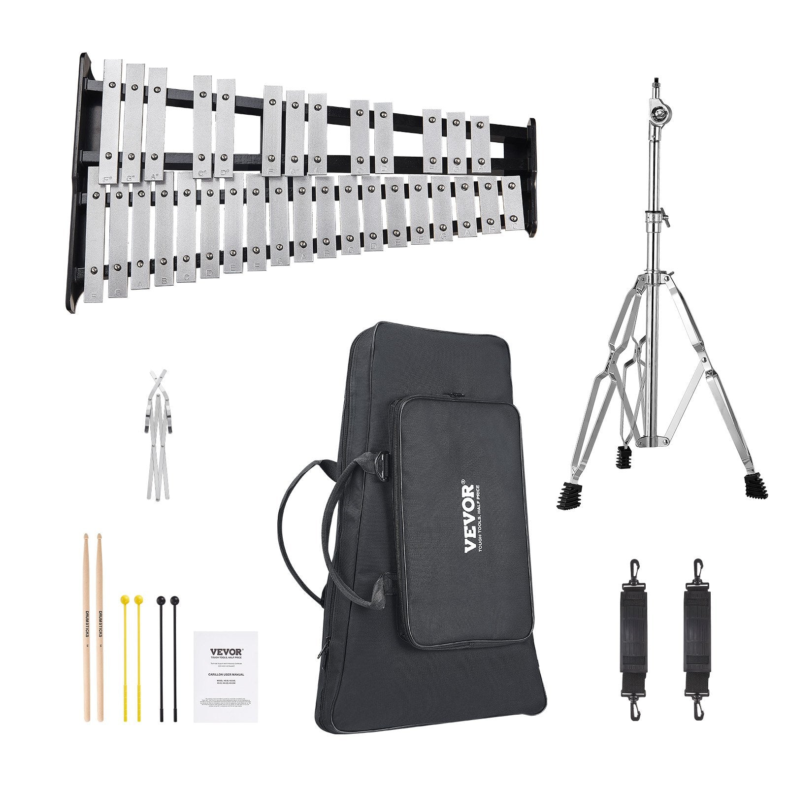 Glockenspiel Xylophone 32-Note Percussion Set Mallets Stand Carrying Bag