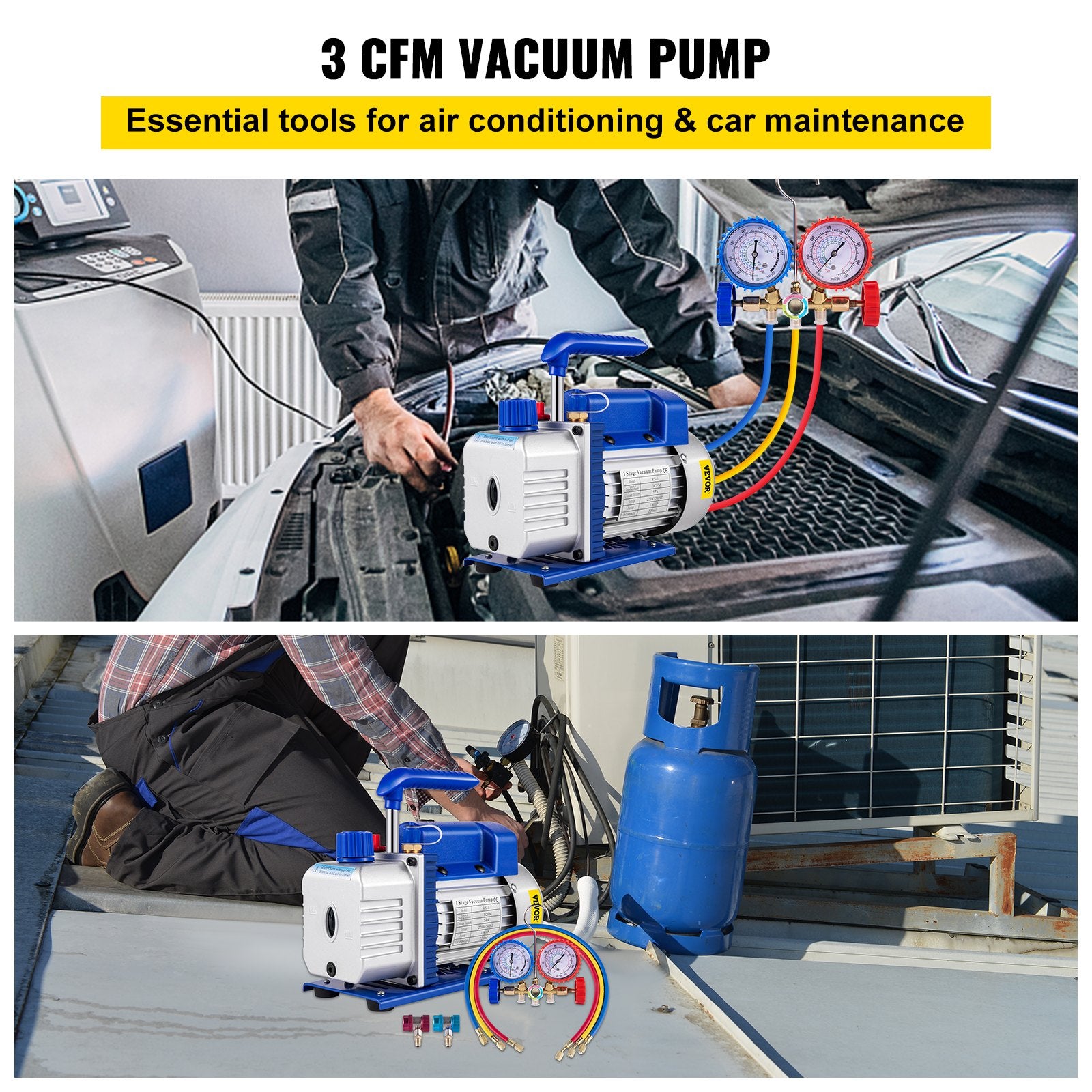 3CFM 1-Stage Refrigerant Vacuum Pump 1/4HP with AC Gauges & 3 Hoses 800 PSI