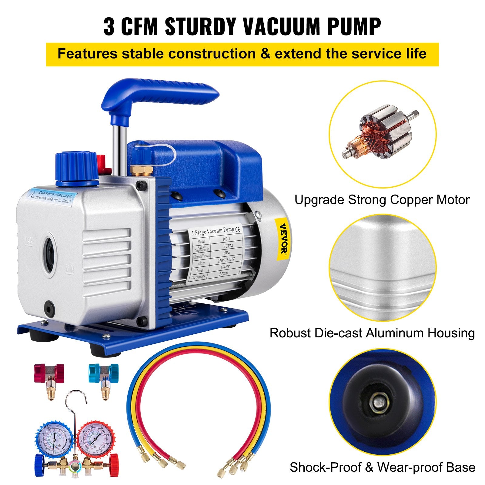 3CFM 1-Stage Refrigerant Vacuum Pump 1/4HP with AC Gauges & 3 Hoses 800 PSI