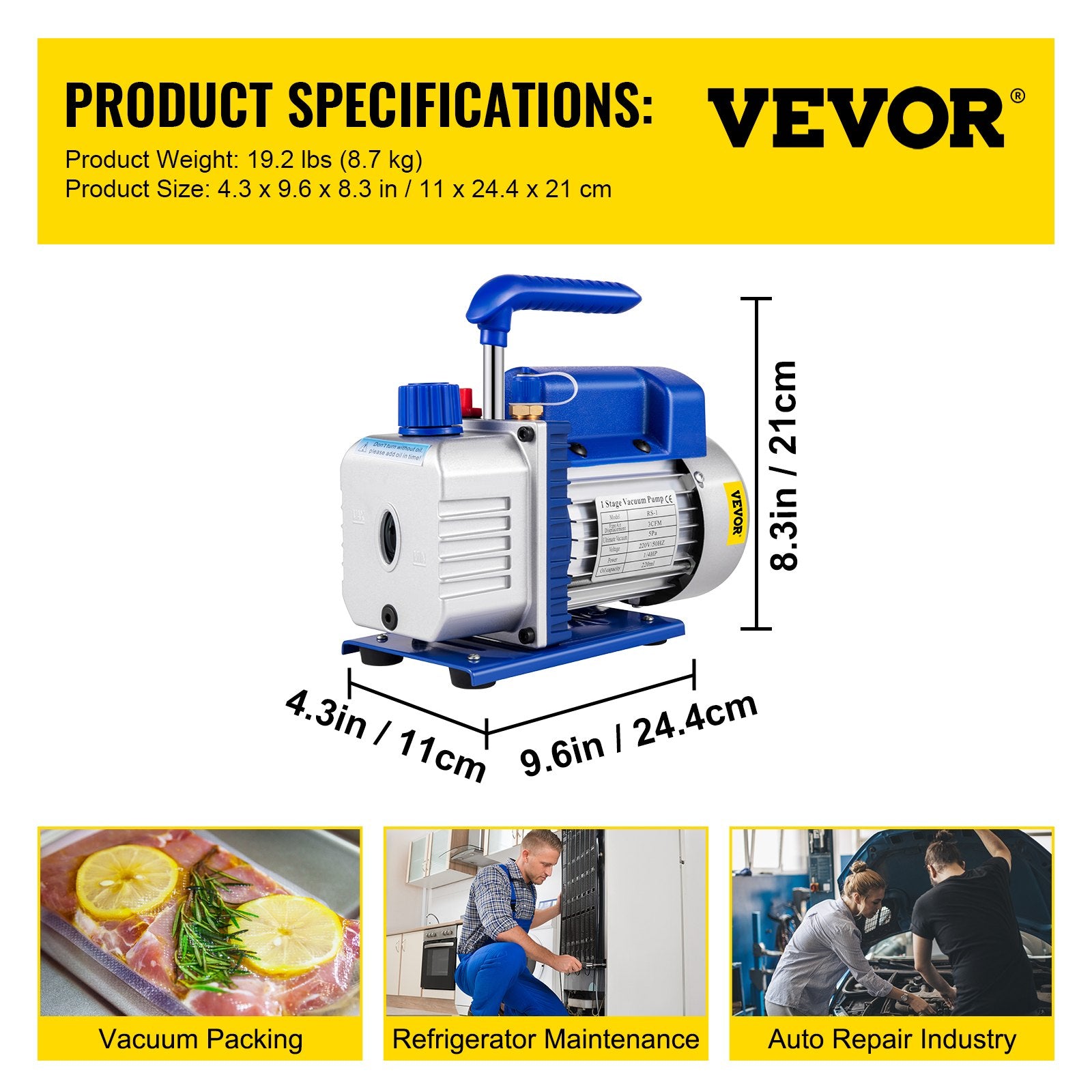 3CFM 1-Stage Refrigerant Vacuum Pump 1/4HP with AC Gauges & 3 Hoses 800 PSI