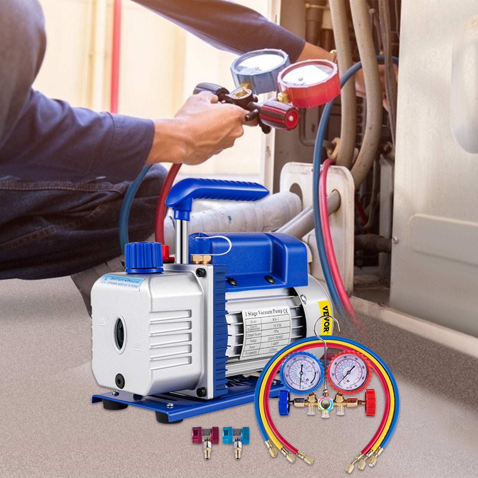 3CFM 1-Stage Refrigerant Vacuum Pump 1/4HP with AC Gauges & 3 Hoses 800 PSI